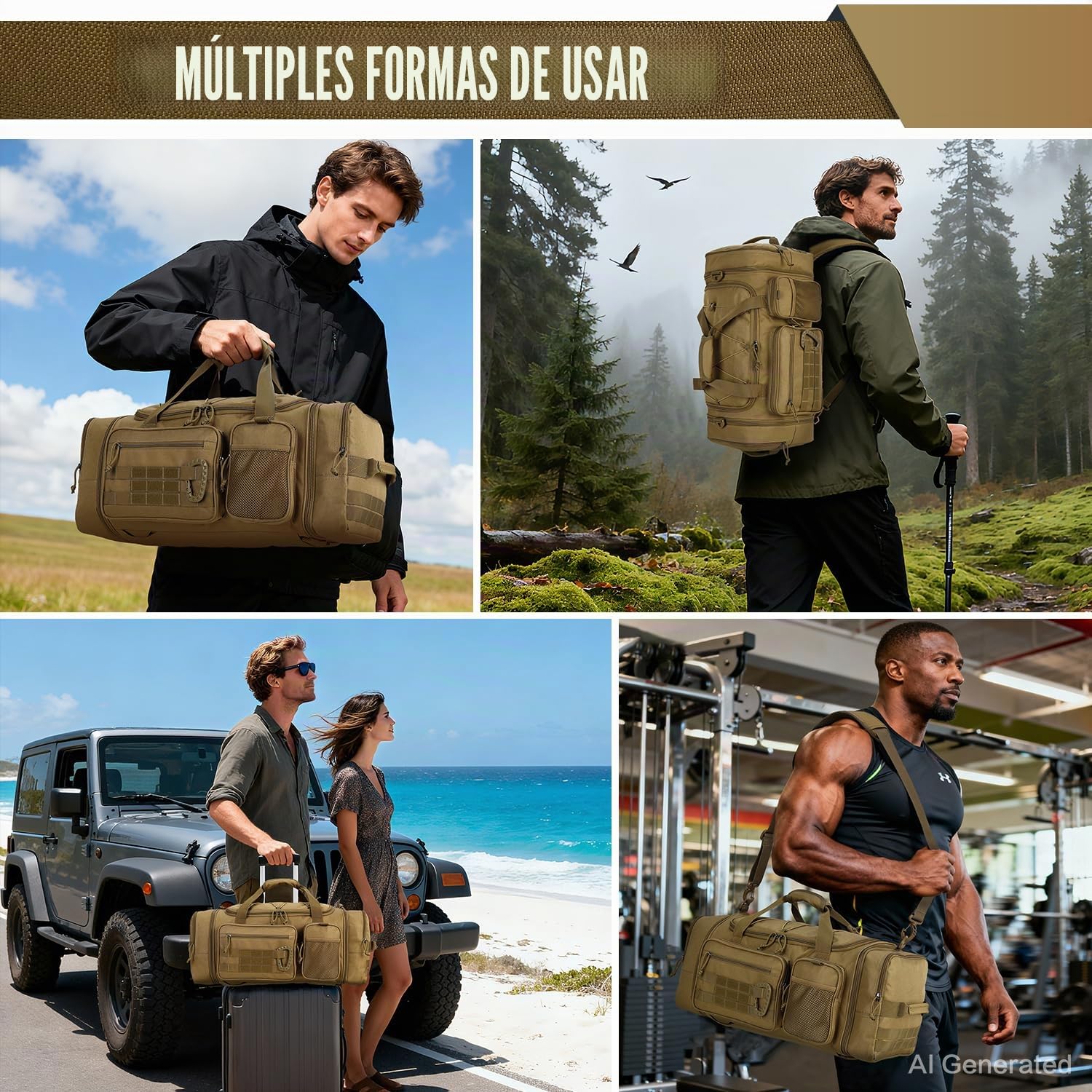 Bolsa Deporte Hombre 40-45 litros Ampliable 3 en 1 Mochila Gimnasio Táctica Militar Bolsa de Viaje con Compartimento para Zapatos para Camping, Fitness, Entrenamiento - Gym Bag Marrón