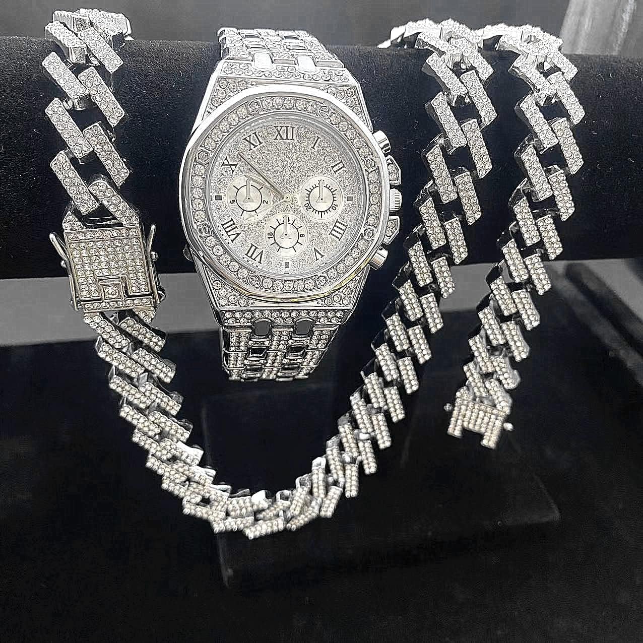 3PC Mens ICED Diamond Watch 40mm Simulated Diamonds Custom Roman Dial Fully Adjustable Band Quartz Movement 14k Gold Tone Silver Tone Finish Bracelet Necklace Sets