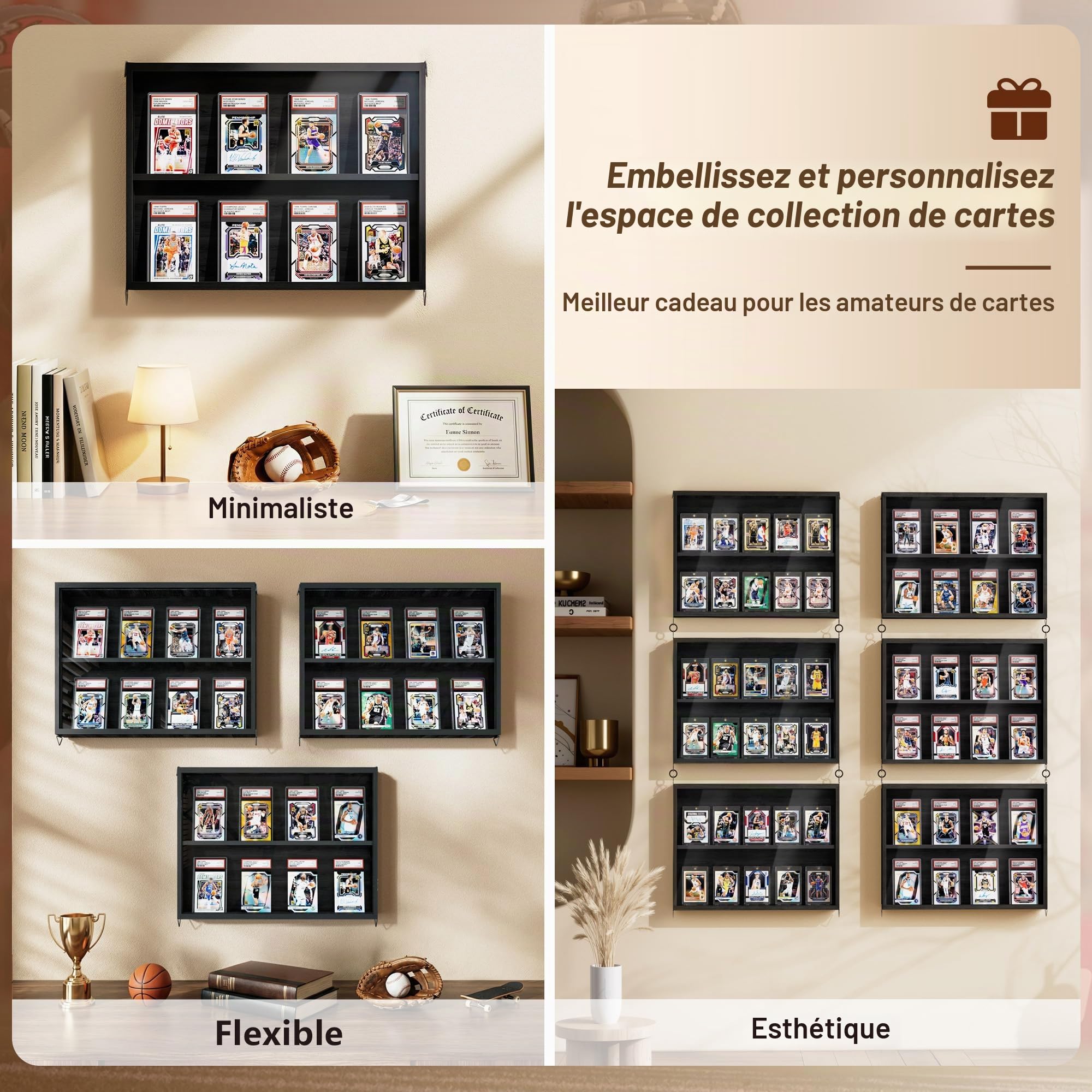 Lot de 3 cadres d'affichage pour cartes à collectionner - Montage mural - En bois - Avec porte transparente HD - Pour cartes de baseball - Pour collection de cartes de sport et cartes - Noir