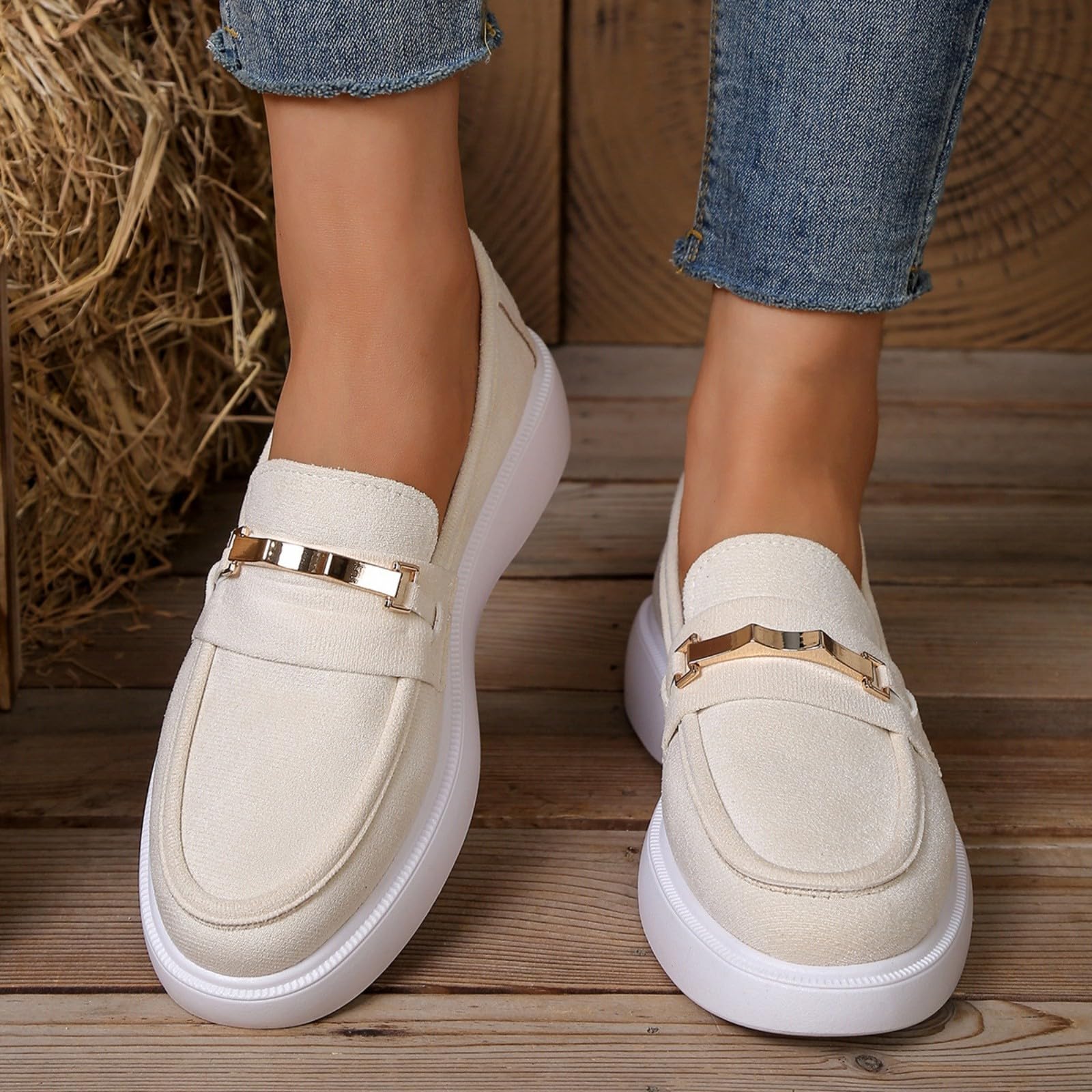 Mocassini classici da donna in metallo, con plateau, in finta pelle scamosciata, senza lacci, stile casual, per ufficio e guida, Beige, 40 EU