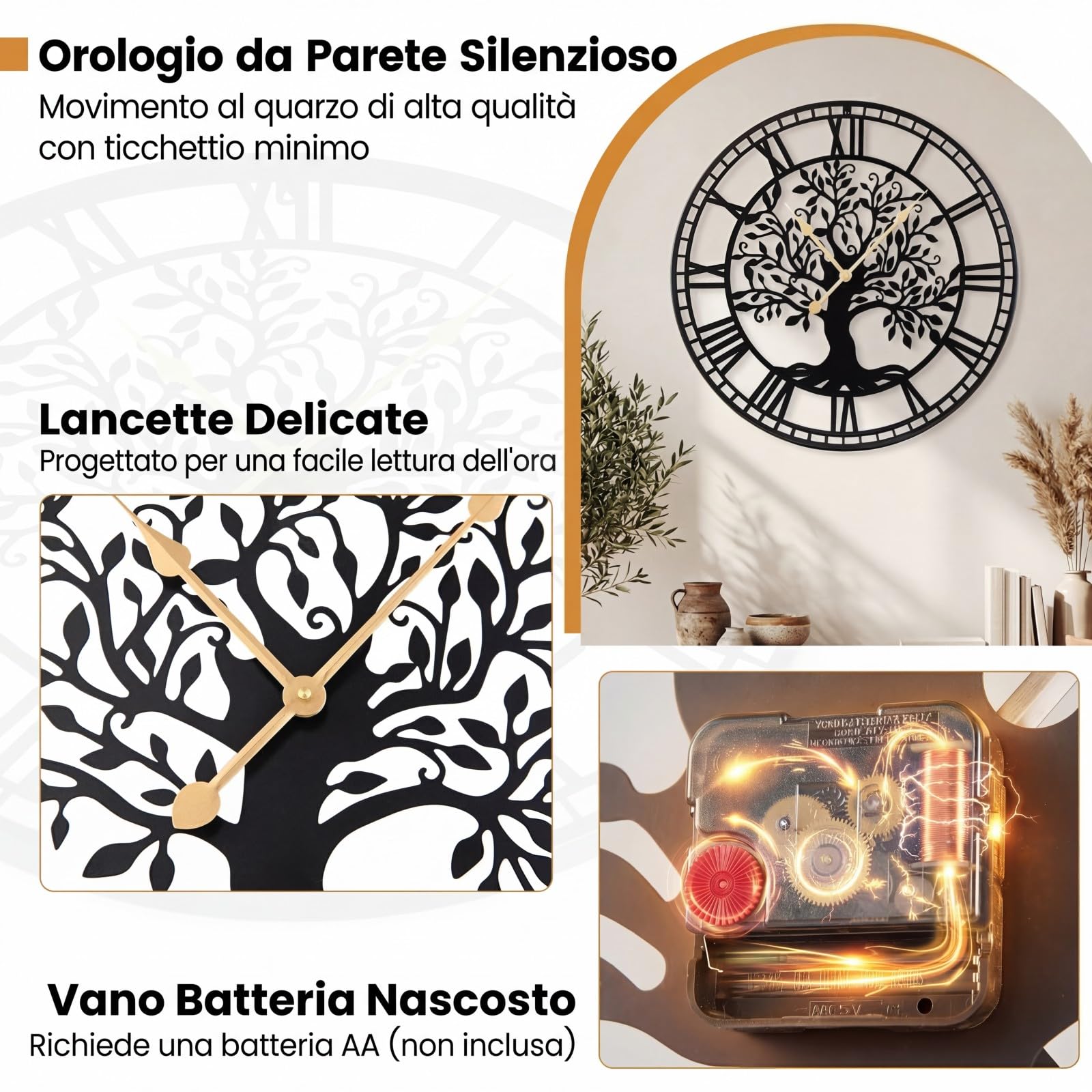 COSTWAY Orologio da Parete Grande da 68 cm, con Albero della Vita in Metallo, Orologio Decorativo Silenzioso Senza Ticchettio, per Soggiorno, Camera da Letto e Cucina, Nero