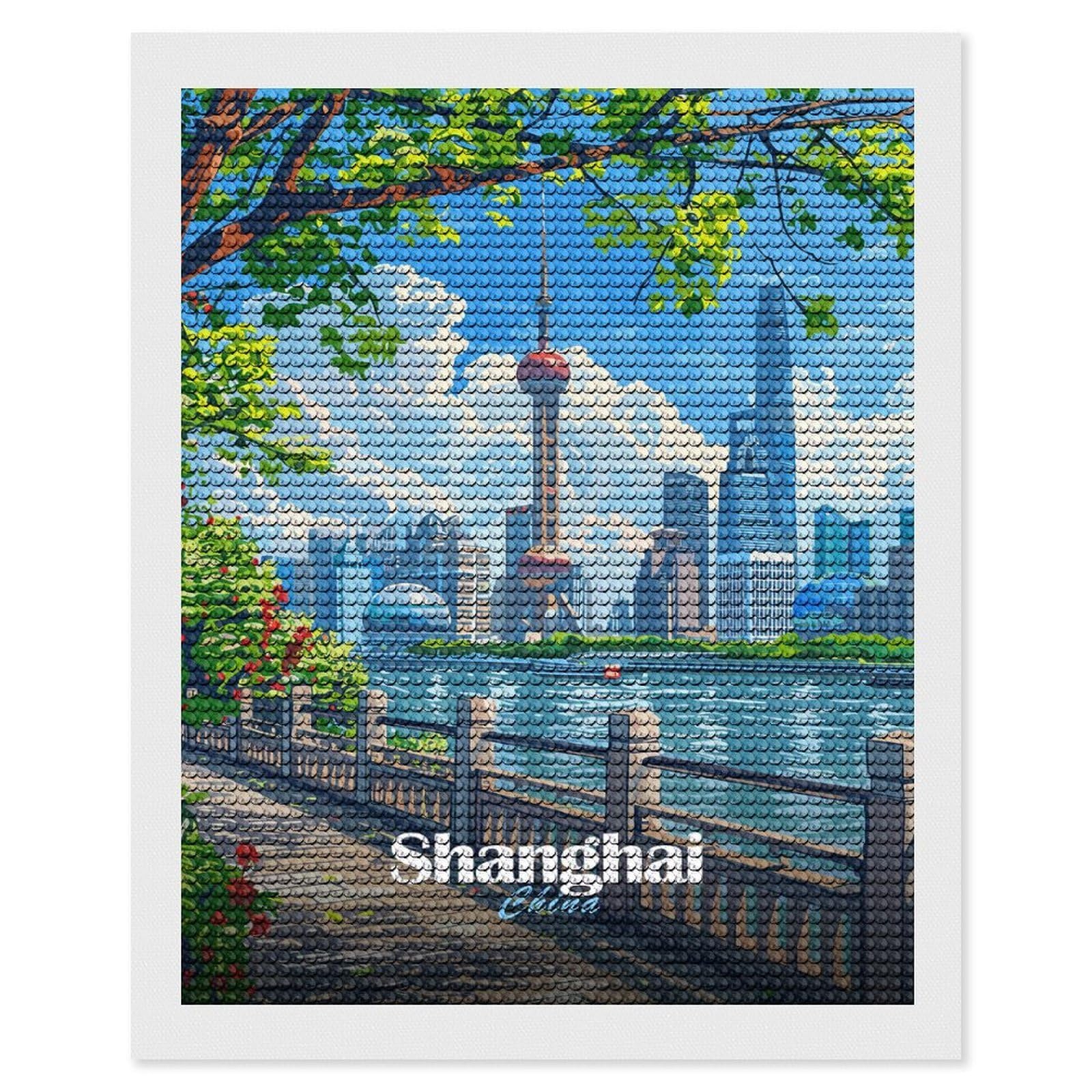 Junmoney Shanghai China Cityscape Illustration Diamond Painting Set 16"x20", for Beginners, Modern Decor, Simple to Start, Gift Idea, Pleasing Wall Art Project