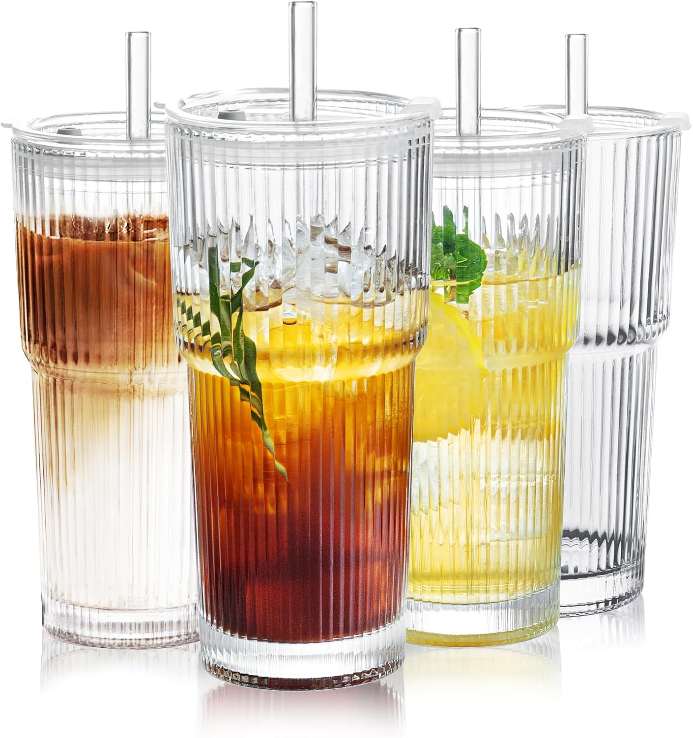 Puraville Glass Cups with Lids and Straws 4 Pack, 20oz Reusable Thick Ribbed Iced Coffee Tumblers for Juice Cold Drinks, Leak Proof Glassware Set for Summer