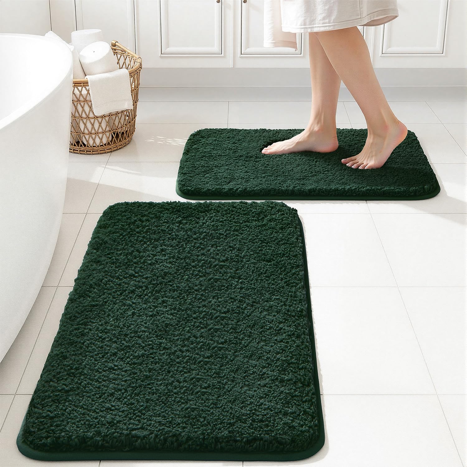 MIULEE Dark Green Bathroom Rugs Set 2 Piece, Soft Absorbent Microfiber Bath Mat Set, Non Slip Quick Dry Machine Washable Plush Shaggy Bath Rugs for