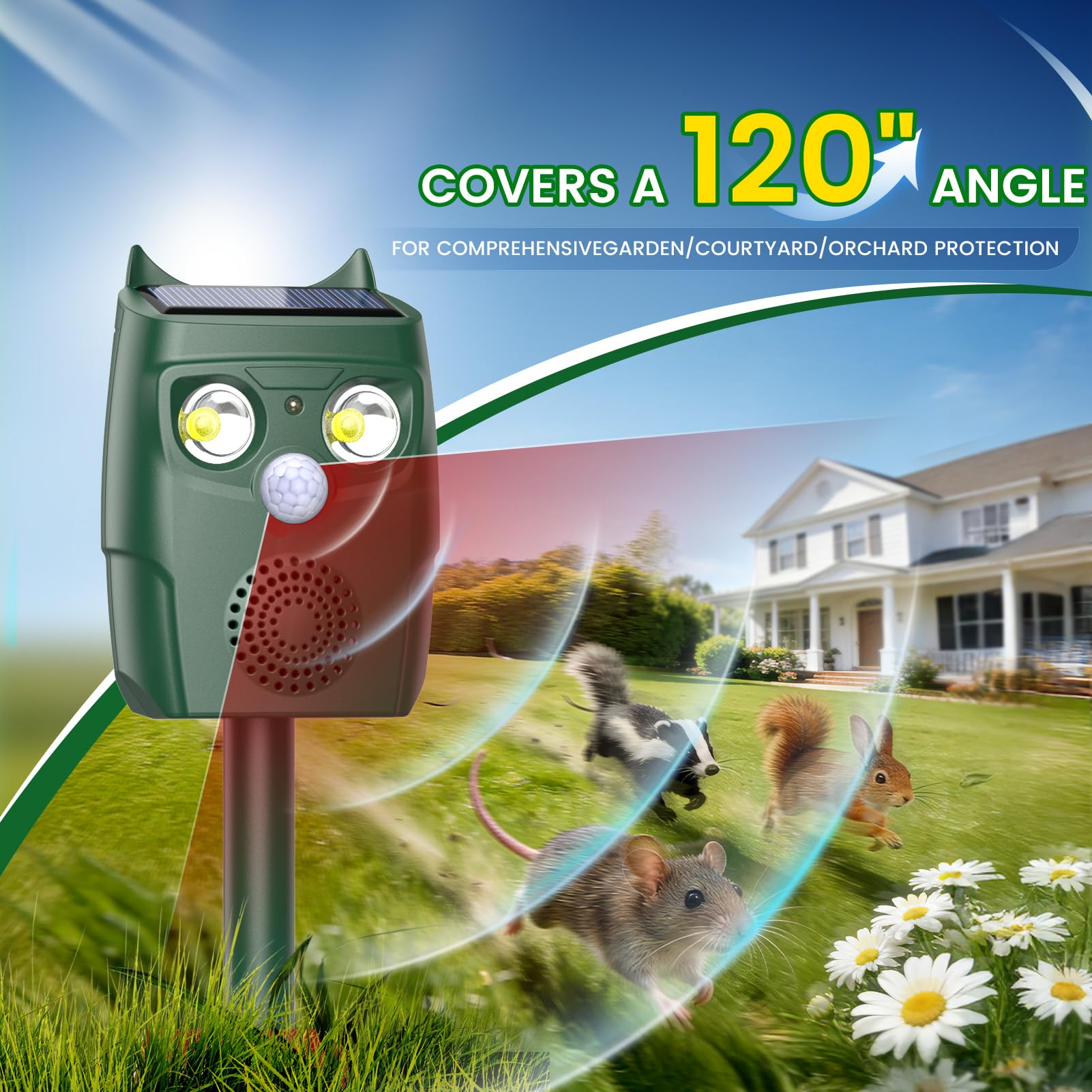 Ultrasonic Animal Repellent Outdoor, Solar Power Cat Rodent Raccoon Repeller, Squirrel Skunk Control Device with Motion Sensor and FIashing Light, Waterproof Rabbt Snake Deterrent for Outdoor - 5