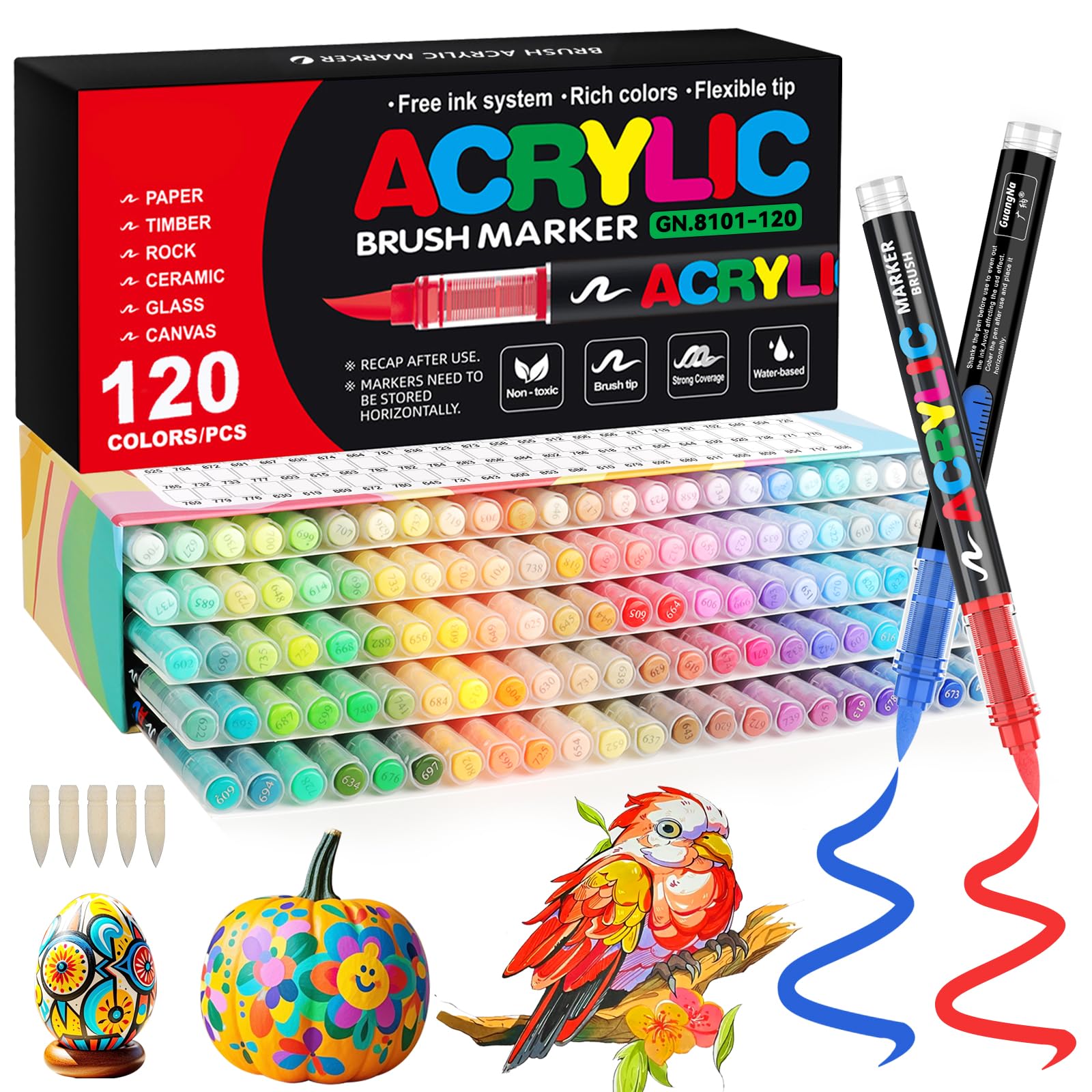 Funnasting 120 Farben Acrylstifte, Weiche Pinselspitze Acrylmarker, Acrylstifte Set für Steine Wasserfest, Färbung, Glas, Stoff, Ei und DIY-Handwerk