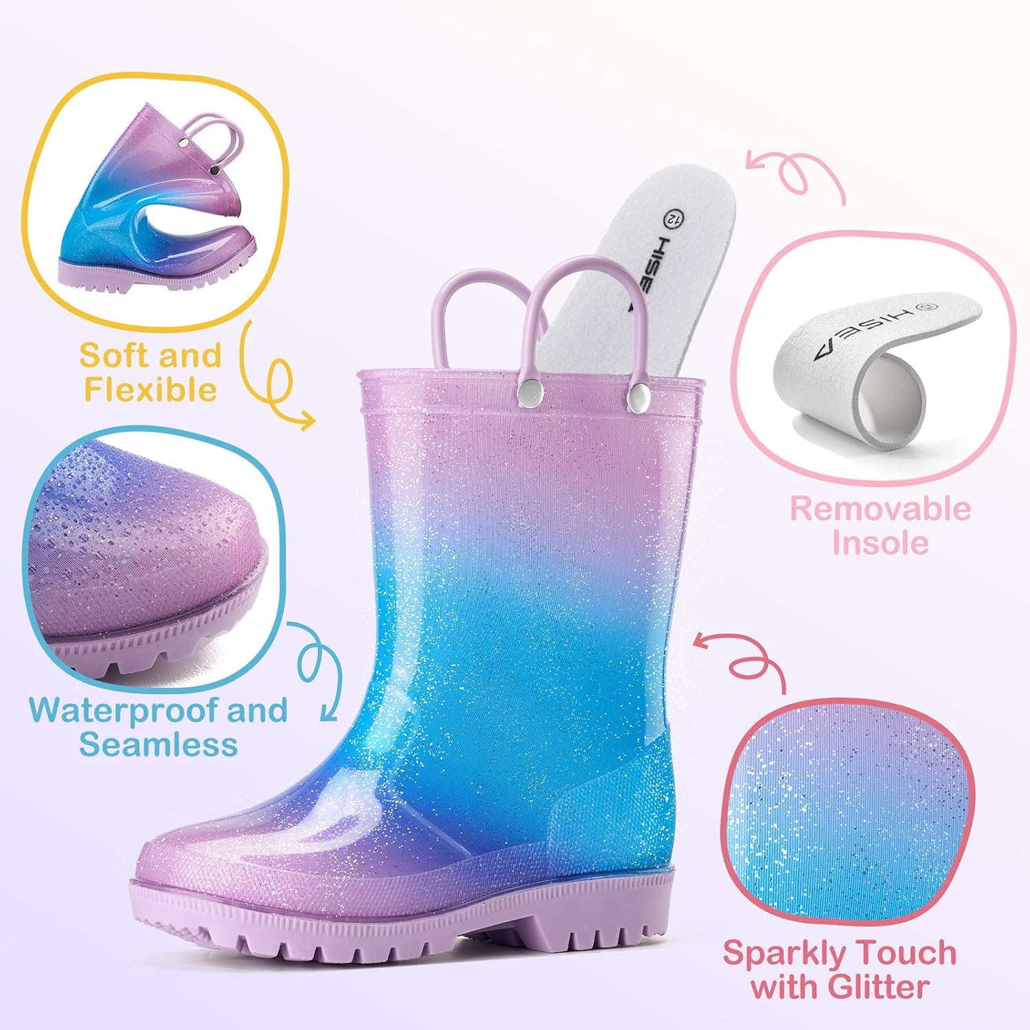 HISEA Kids Rain Boots for Toddlers Boys Girls, Waterproof Rubber Rain Shoes with Easy-On Handles, Seamless PVC Rainboots Anti-Slip Outdoor Mud Boots, Solid Colors & Sparkly Glitter Gradient Styles (Toddler/Little Kid/Big Kid)