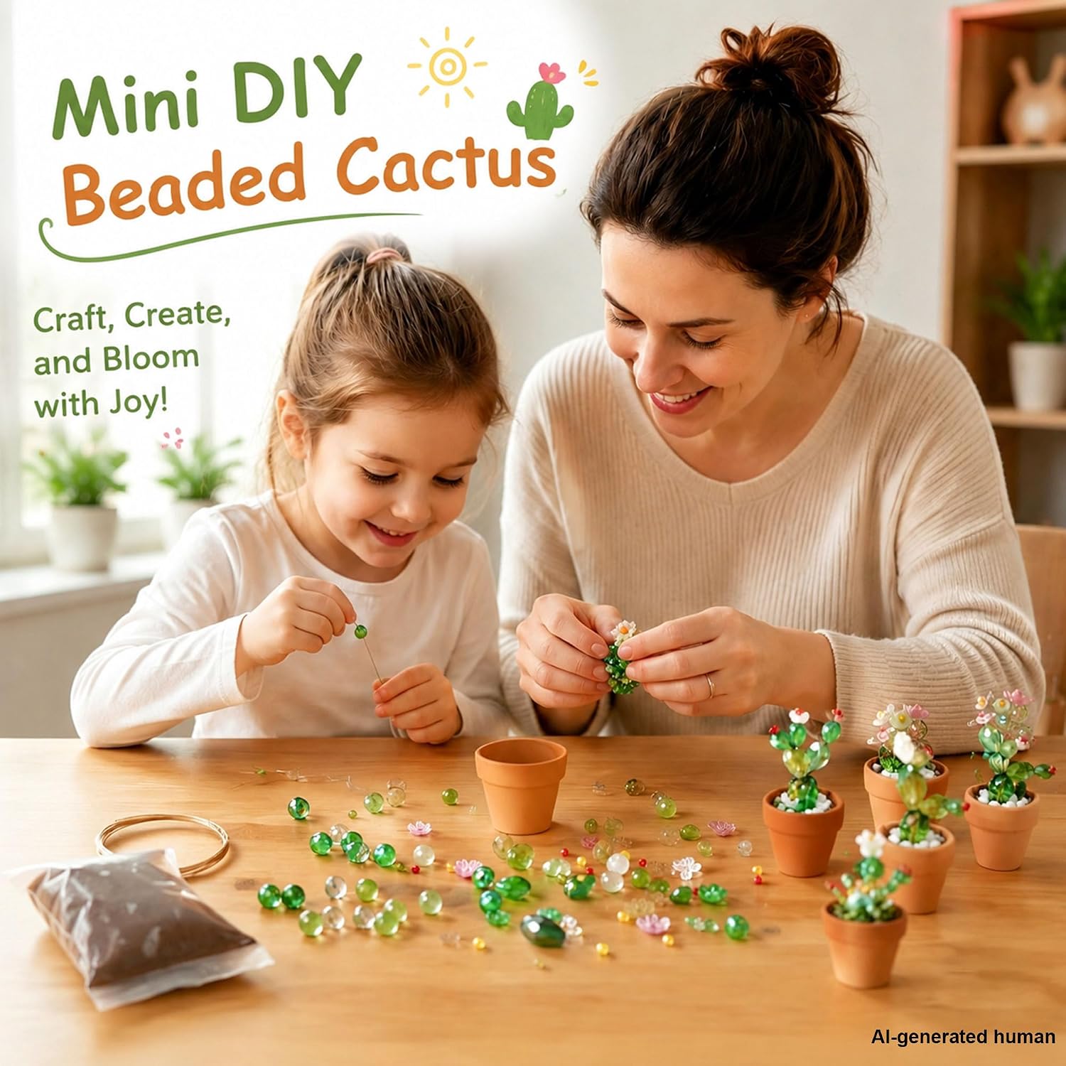 Cactus Beaded Plant Kit, DIY Succulent with 6pcs Mini Pots For Home Decor