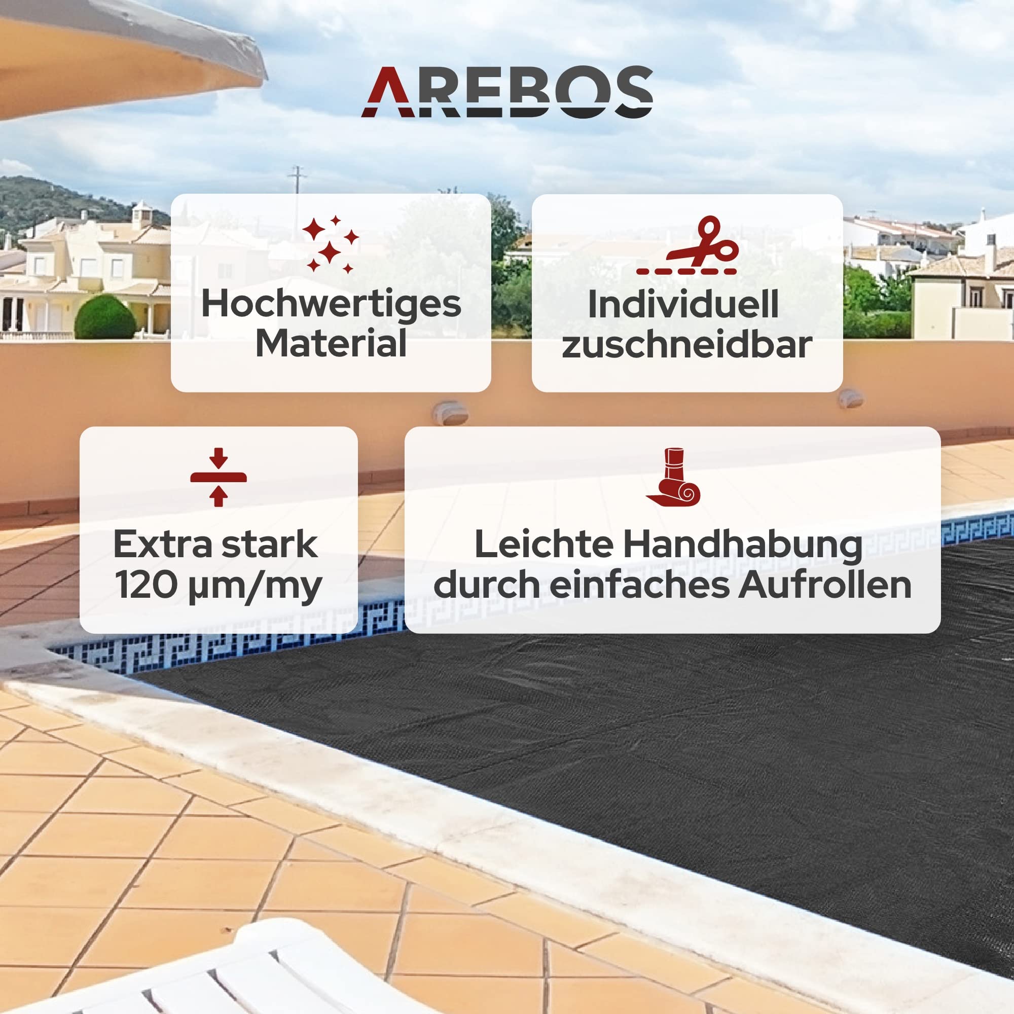 Arebos Solarabdeckplane eckig 4,5 x 2,2 m Schwarz 120 µm Solarfolie zuschneidbar Poolheizung