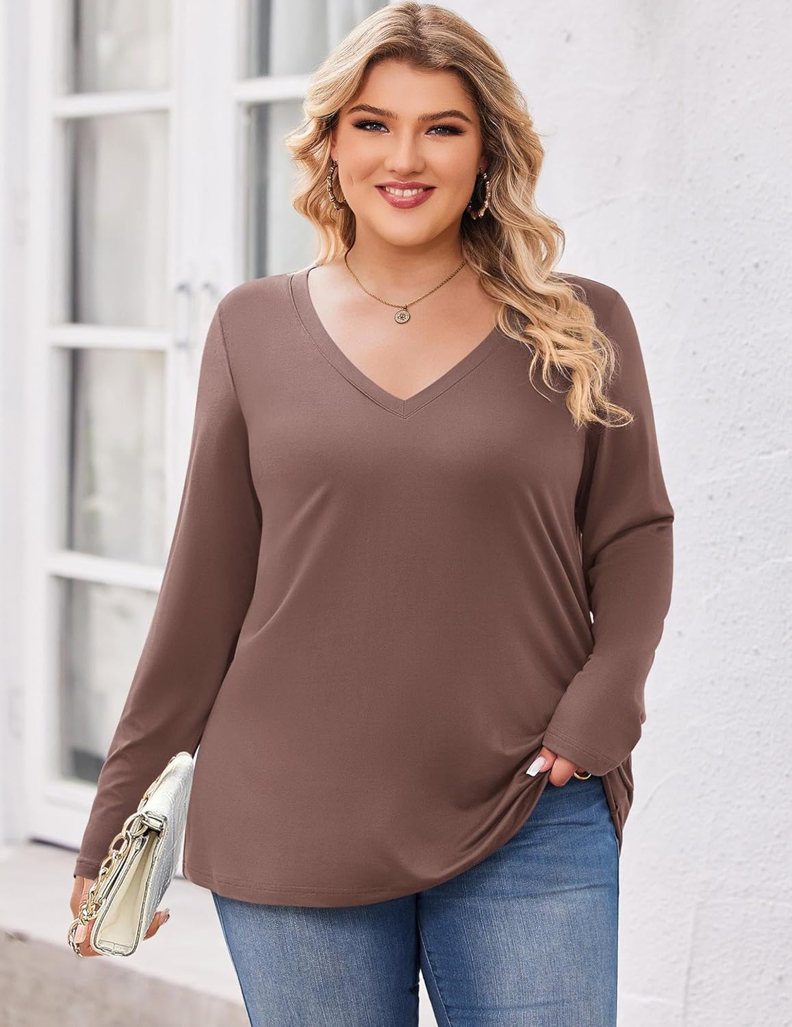 IN'VOLAND Womens Plus Size Long Sleeve Shirts V Neck Basic Tee Tops Loose Fit Fall Outfits for Women 1X-5X - Image 4