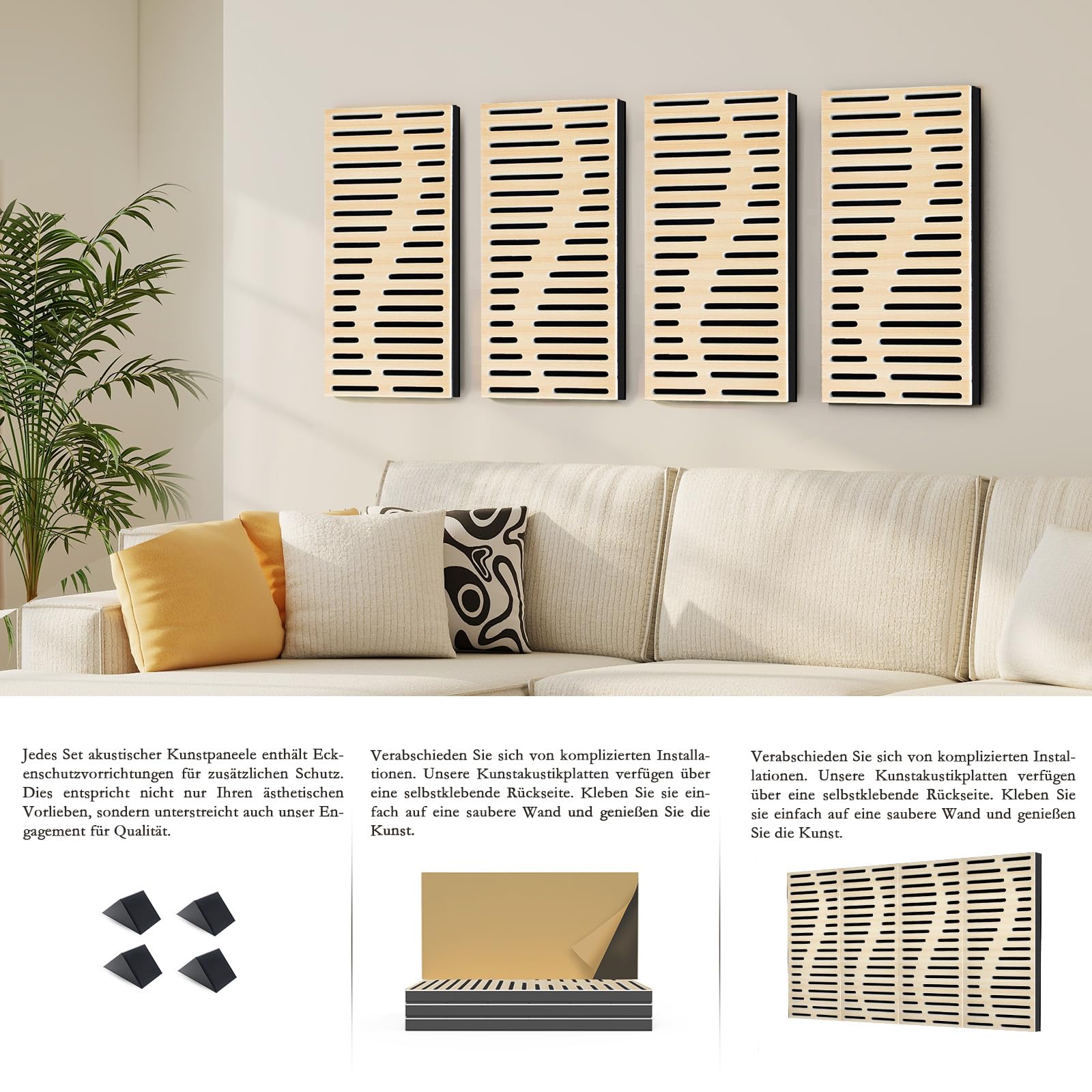 JBER 4Stück Akustikschaumstoff Platten, Wand Schalldämmung Akustikpaneele Selbstklebend, Perforiert Dreilagig Dekorative UV-Bedruckte Holzimitat-Faserplatte für Tonstudio, 60×30×4.5cm, Reguläre Linien