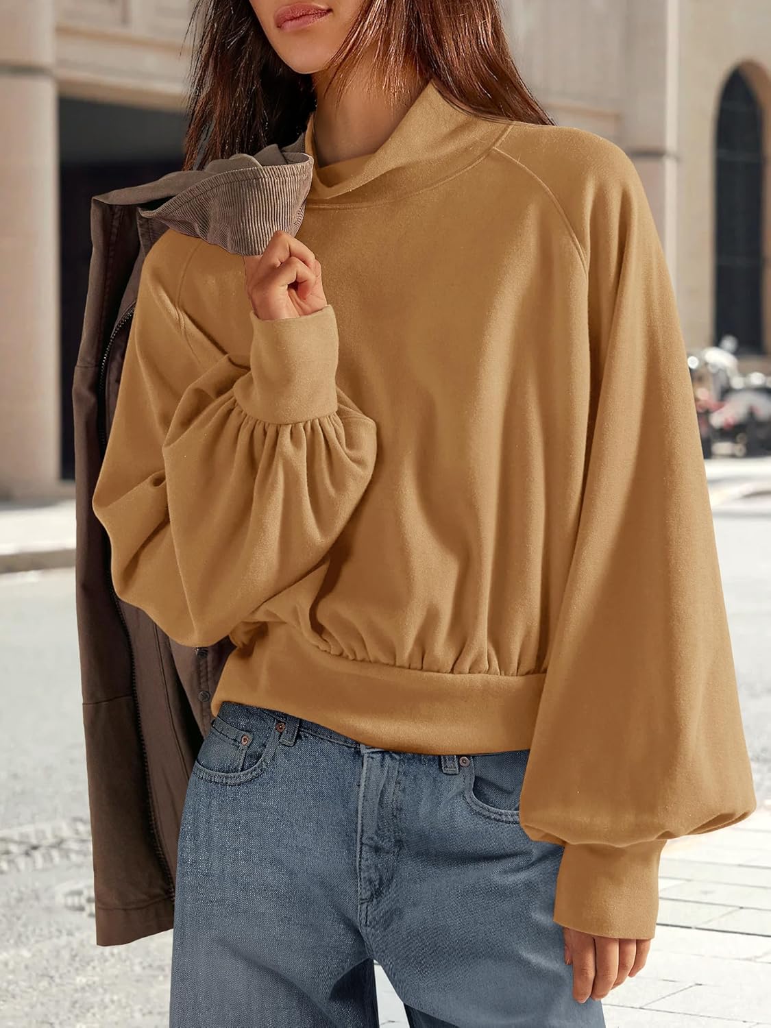 Yanekop Womens Turtleneck Tops Mock Neck Long Sleeve Shirts Oversized Cropped Sweatshirts Loose Fitting Pullover Tops - Image 3