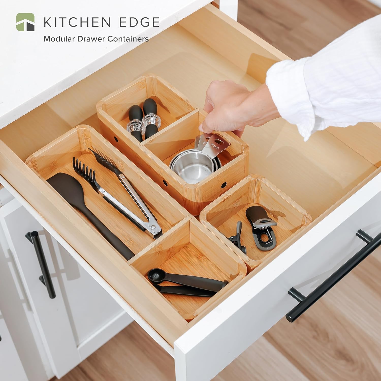 Modular Drawer Organizer Set – Kitchen Edge Storage with 3 Containers & 5 Compartments, Magnetic with Removable Inserts, Stackable, Rubber Liners & Non-Slip Base, 9in x 13.5in x 2.4in, 100% Bamboo