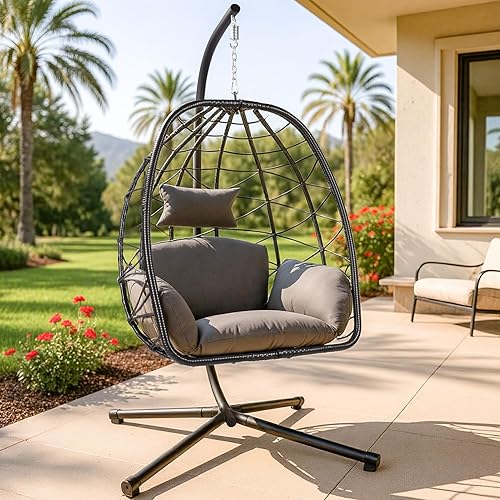 Egg Chair with Stand Outdoor Ratten Wicker Hanging Egg Chair Outdoor Indoor with Thickened Cushion Swing Chair Hammock for Patio Apartment Bedroom Garden Balcony (Dark Grey Wicker+Grey Cushion)