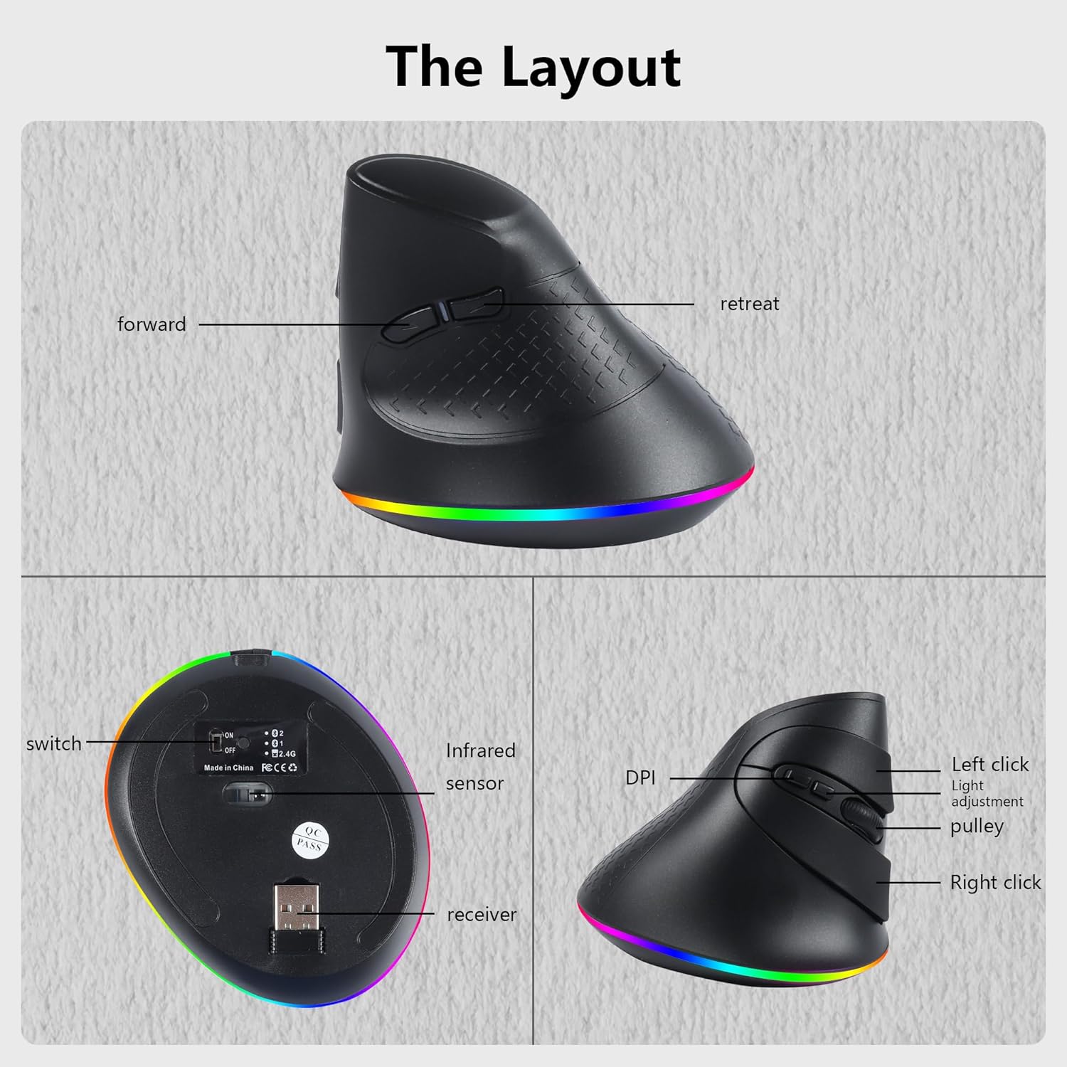 2.4G Wireless Mouse Ergonomic Vertical Mouse Bluetooth Mouse RGB Optical Mouse with USB Receiver 7 Buttons 4 Adjustable DPI Cordless Computer Mice for PC Laptop Desktop,Black