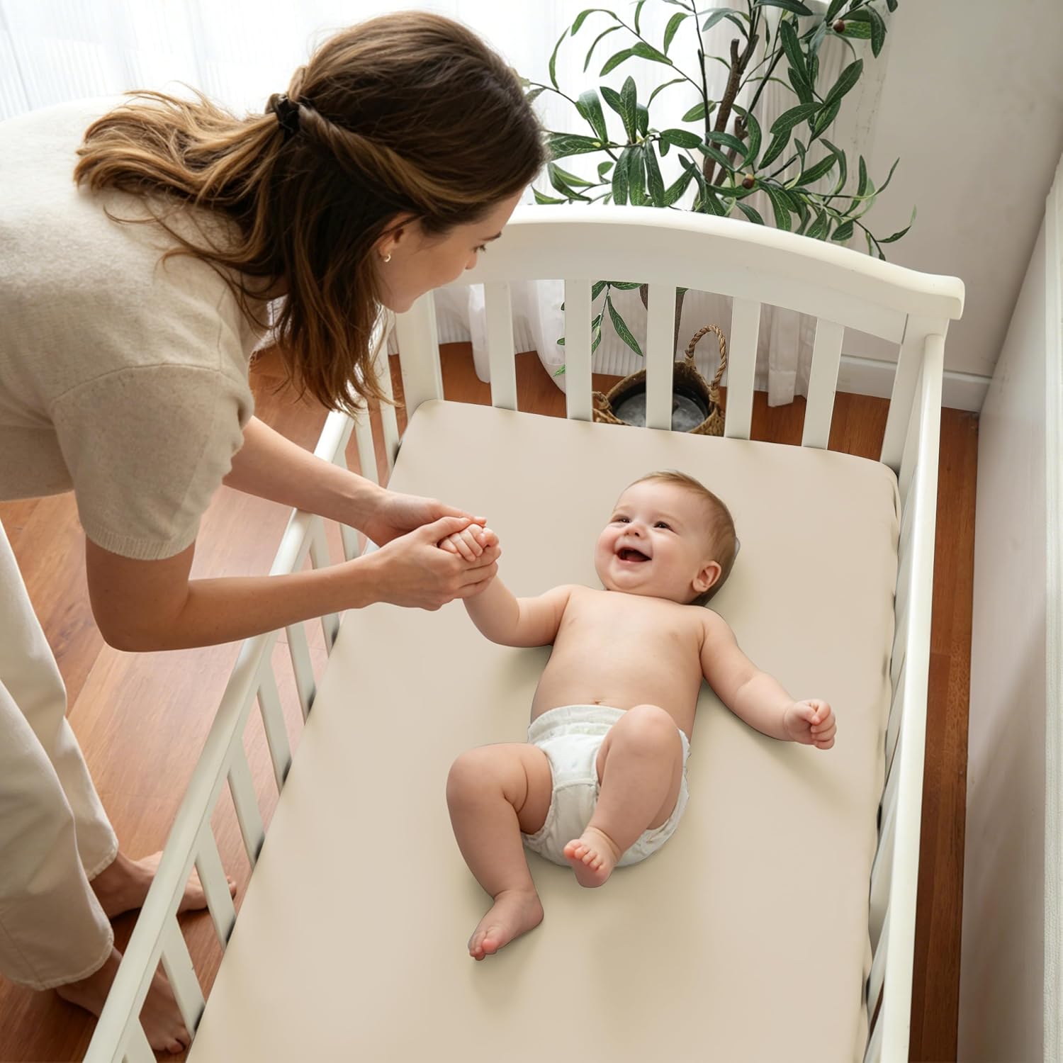 Crib Fitted Sheet Bamboo Viscose, 400 Thread Count, Cooling Crib Sheet for 52"x28"+8" Standard Crib and Toddler Mattresses, Ultra Soft, Breathable, for Baby Boys and Girls (Beige)