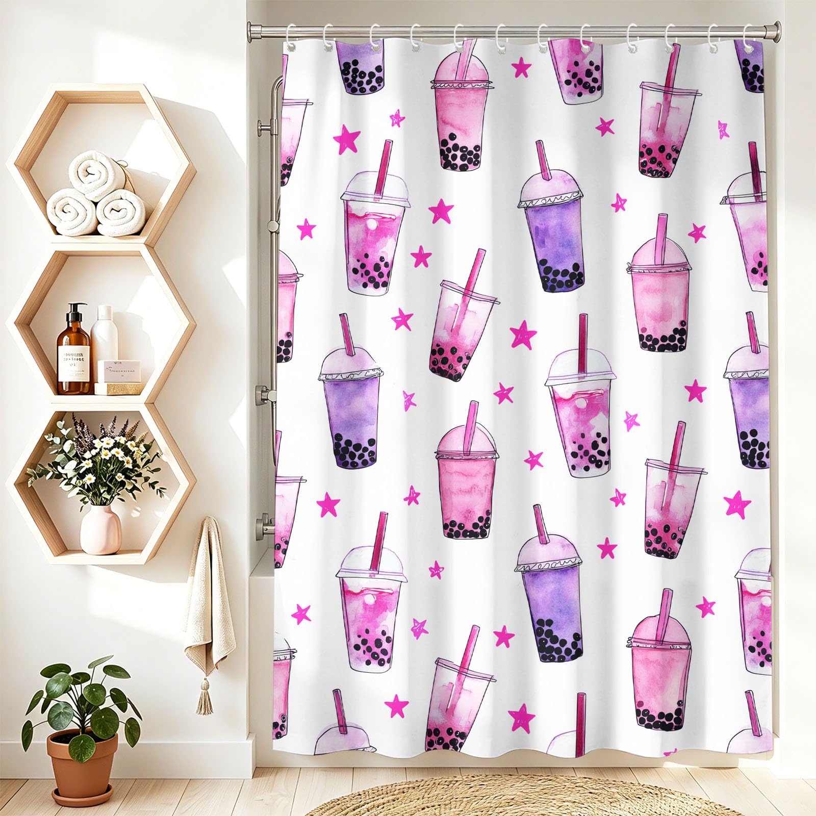 Genérico - Cortina de ducha con diseño de burbujas de té, 120 x 200 cm, antimoho, tela lavable linda estrella, cortinas de baño con ganchos, rosa