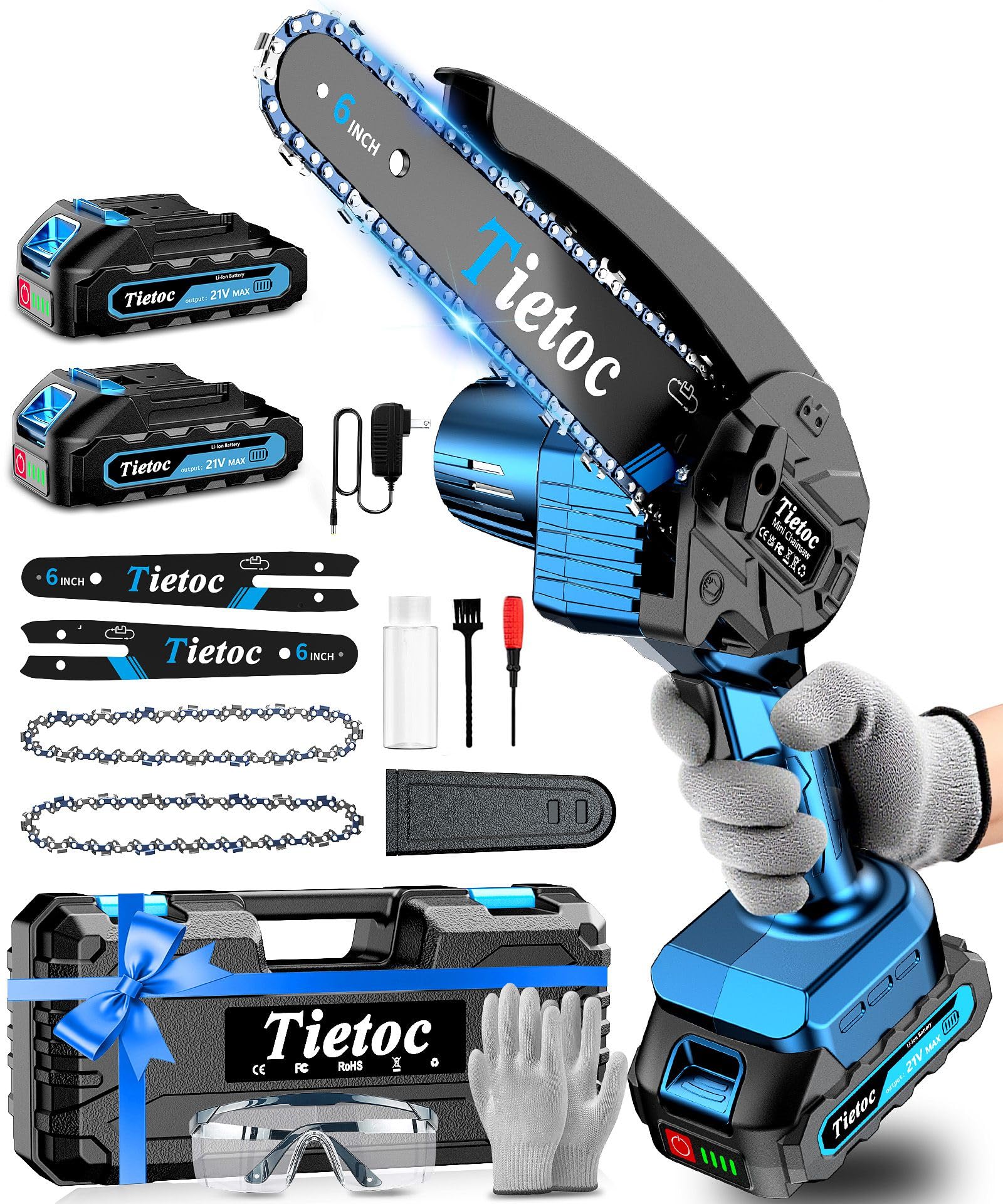 Tietoc Mini Chainsaw, 6 Inch Chain Saw Cordless, 880W Powerful Electric Handheld Chainsaw with Automatic Oiler, with 2 Batteries and 2 Chains, Tree Trimmer Gardening Tools Gift for Men, Father, Dad