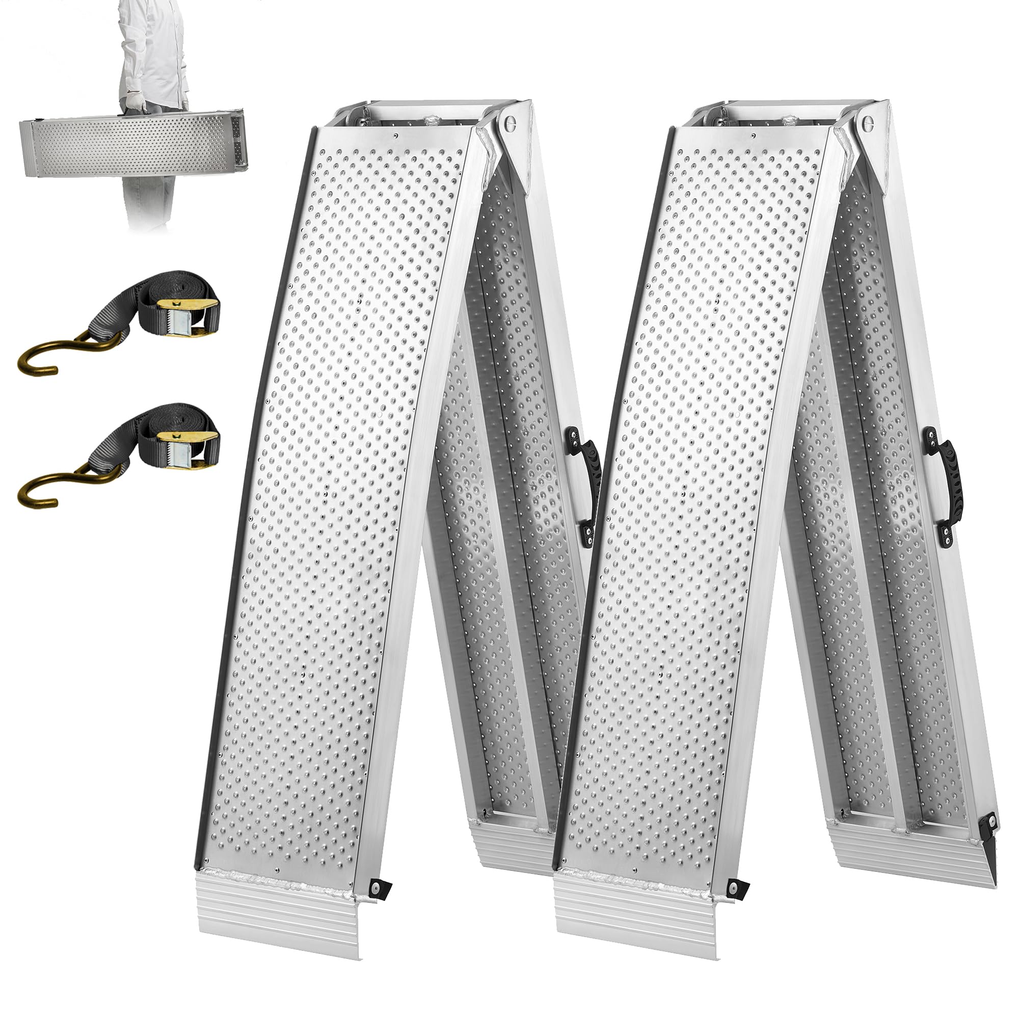 FACHNUO Rampe Pliable en Aluminium Renforcée 228x28cm, Capacité de Charge 680 kg pour Moto, Quad, Camion - Poignée Transportable, Surface Anti-Dérapante, Gain de Place (1 Paire, Argent)