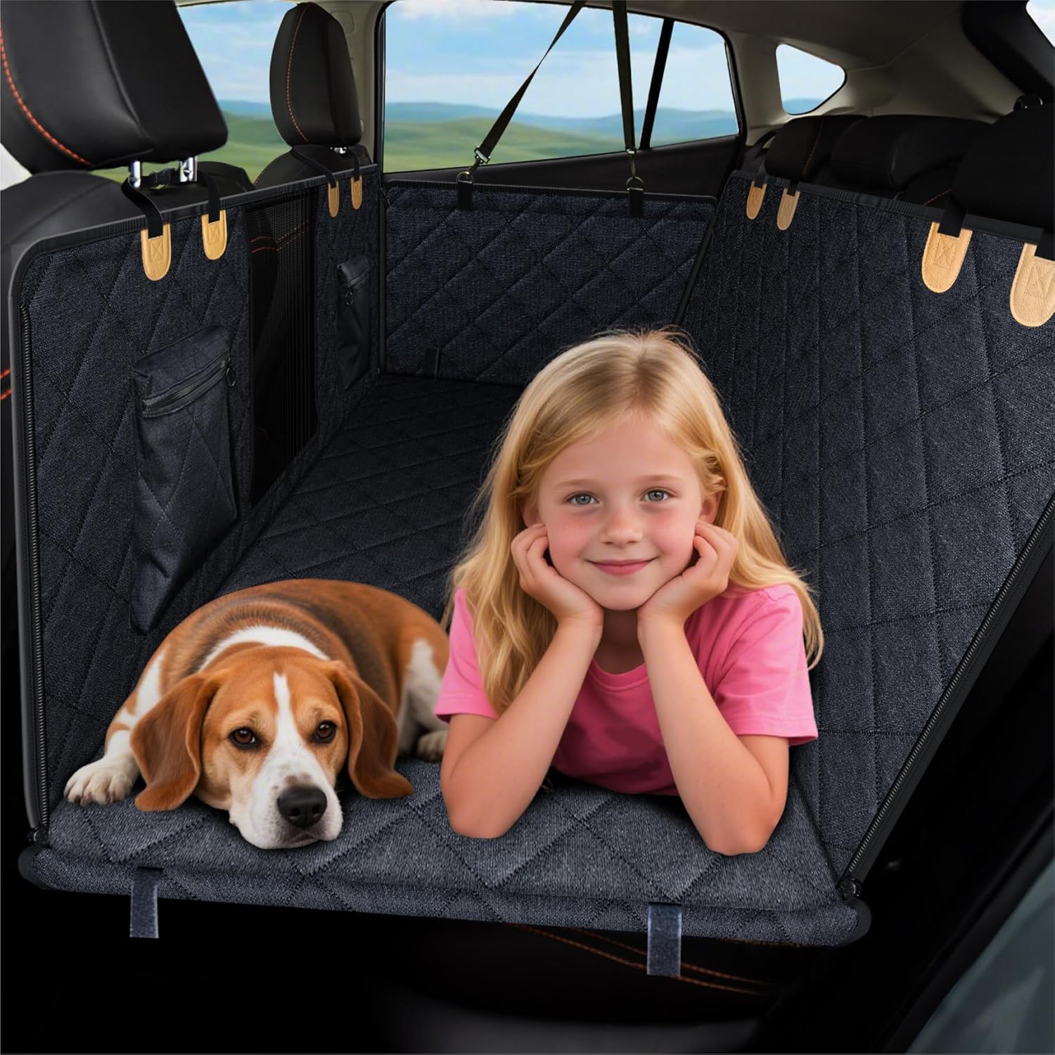 Photo 1 of  Back Seat Extender for Dog, Waterproof Dog Car Seat Cover for Back Seat, Hard Bottom Car Seat Cover, Large-Space Hammock for Car Truck SUV, Pet Seat Cover Holds 450lbs(Black) 