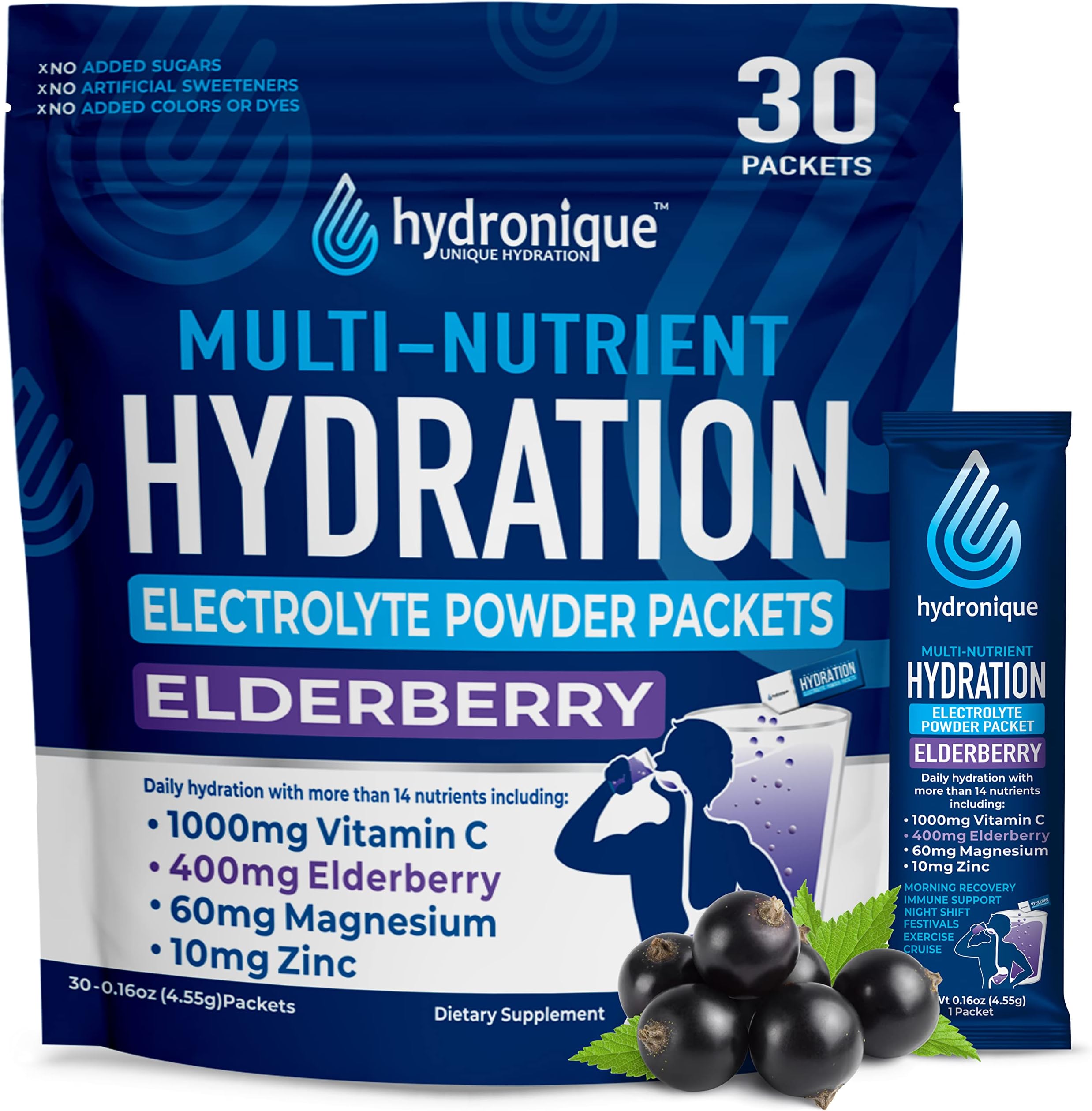 Hydronique Hydration Packets | Low Sodium Electrolytes Powder | 54mg Sodium | Vitamins, Minerals, Antioxidants | Elderberry Flavor (30 Packs)