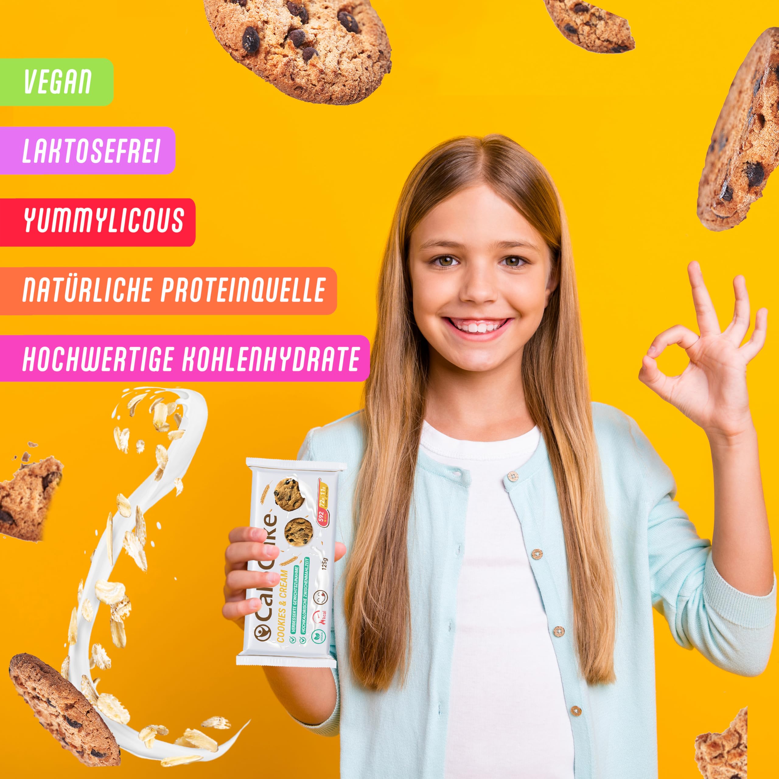 Nahrung hochkalorisch für Gewichtszunahme | Ausdauer- & Energieriegel mit viel Protein & 592 Kalorien | Mahlzeiten Riegel vegan & laktosefrei | CaloCake von CaloVital 24er Box (Cookies & Cream)