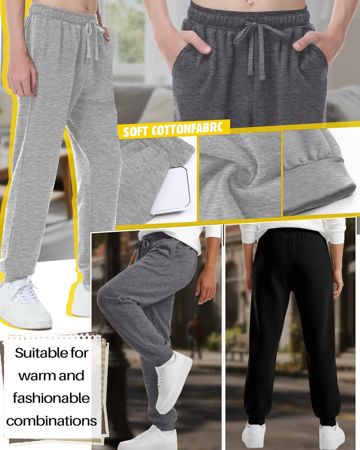 3 Pack Boys Sweatpants Athletic Joggers Drawstring Lightweight Stretchy Active Straight Pants with Pockets Fall - Image 4