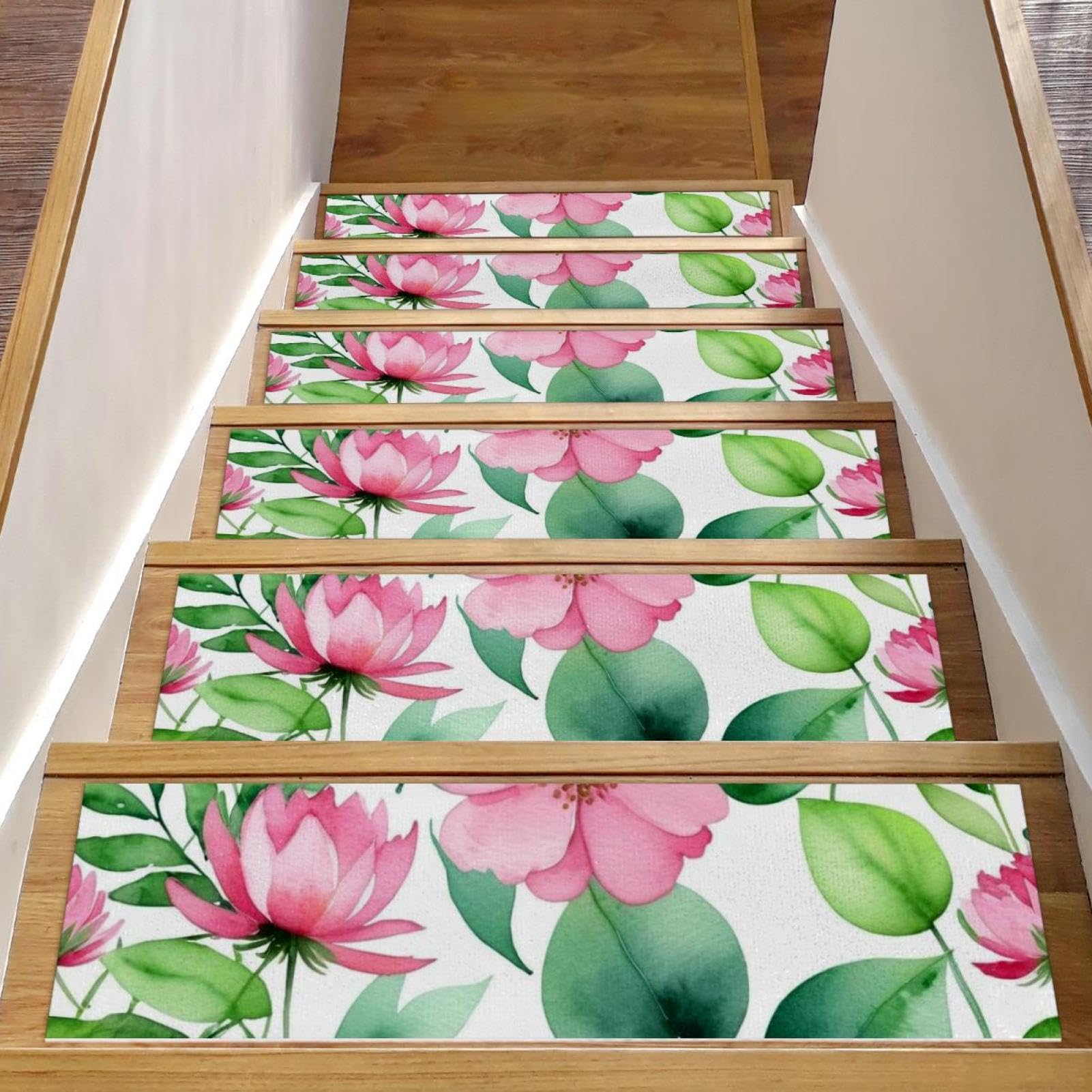 Marches d'escalier antidérapantes lot de 15 tapis d'intérieur bois motif feuilles 20x76