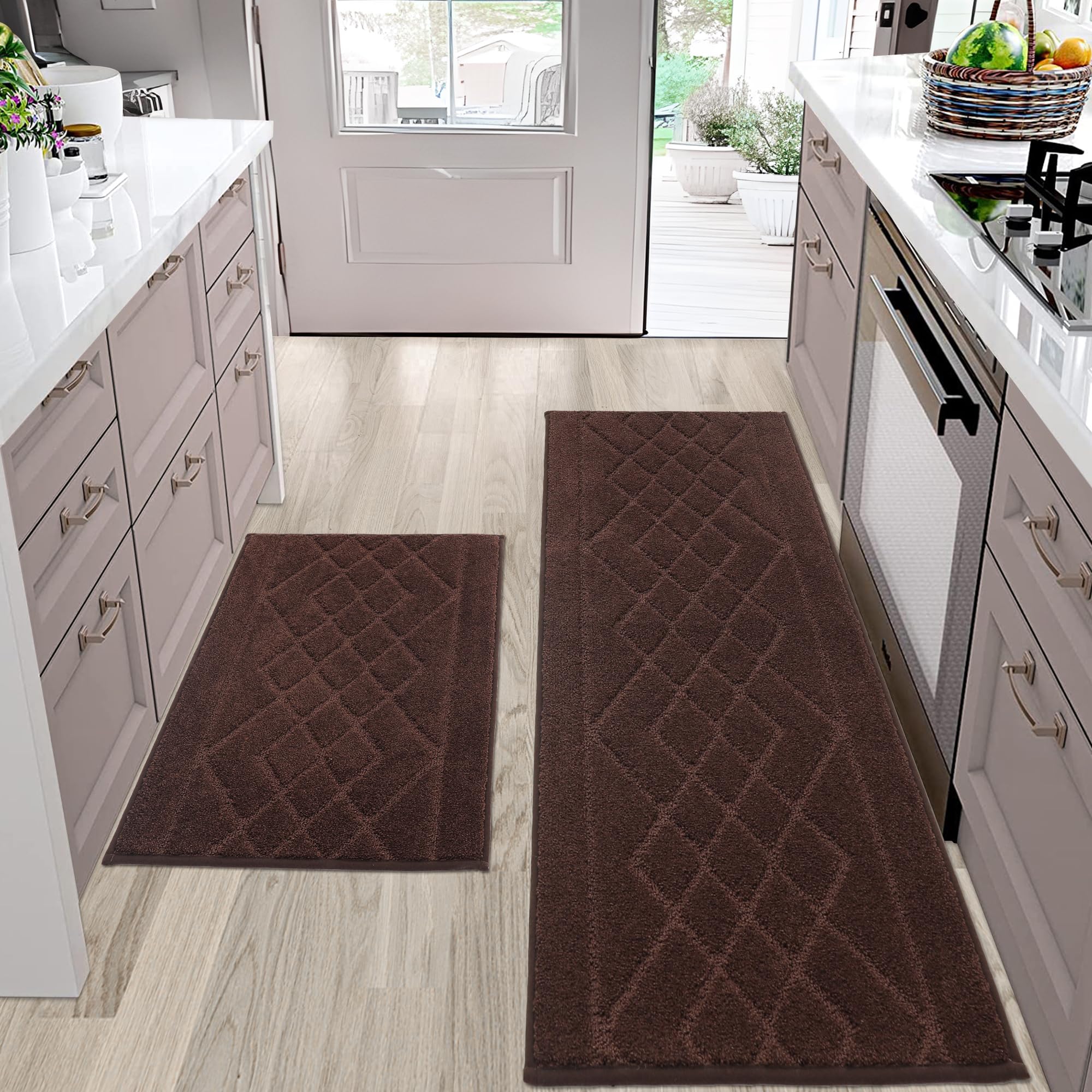 BEQHAUSE Kitchen Rugs and Mats Set of 2, Non-Slip Kitchen Mats for Floor, Absorbent and Stain Resistant Kitchen Runner, Machine Washable Rugs for Kitchen, Laundry & Sink, 20"x30"+20"x48", Brown