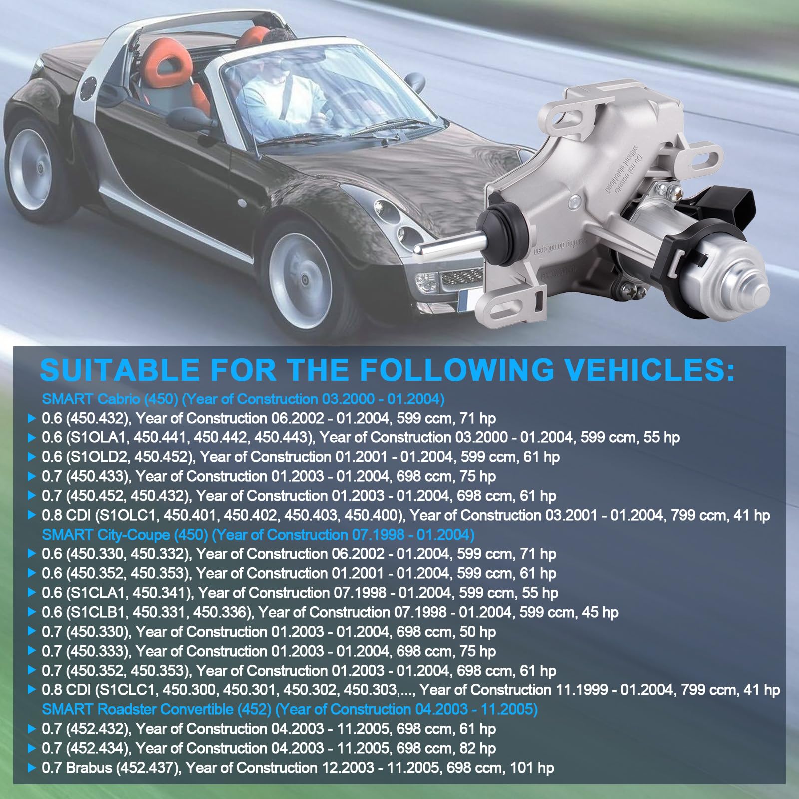 4310021600 Attuatore di frizione di ricambio per 450 0,7L 2003 2004 City-Coupe 450 0,6L 1998 2004 & 0,7L 2003 2004 Fortwo Coupe 450 0,7L Roadster 452 & Coupe 452 0,7L 2003 2005 3981000070