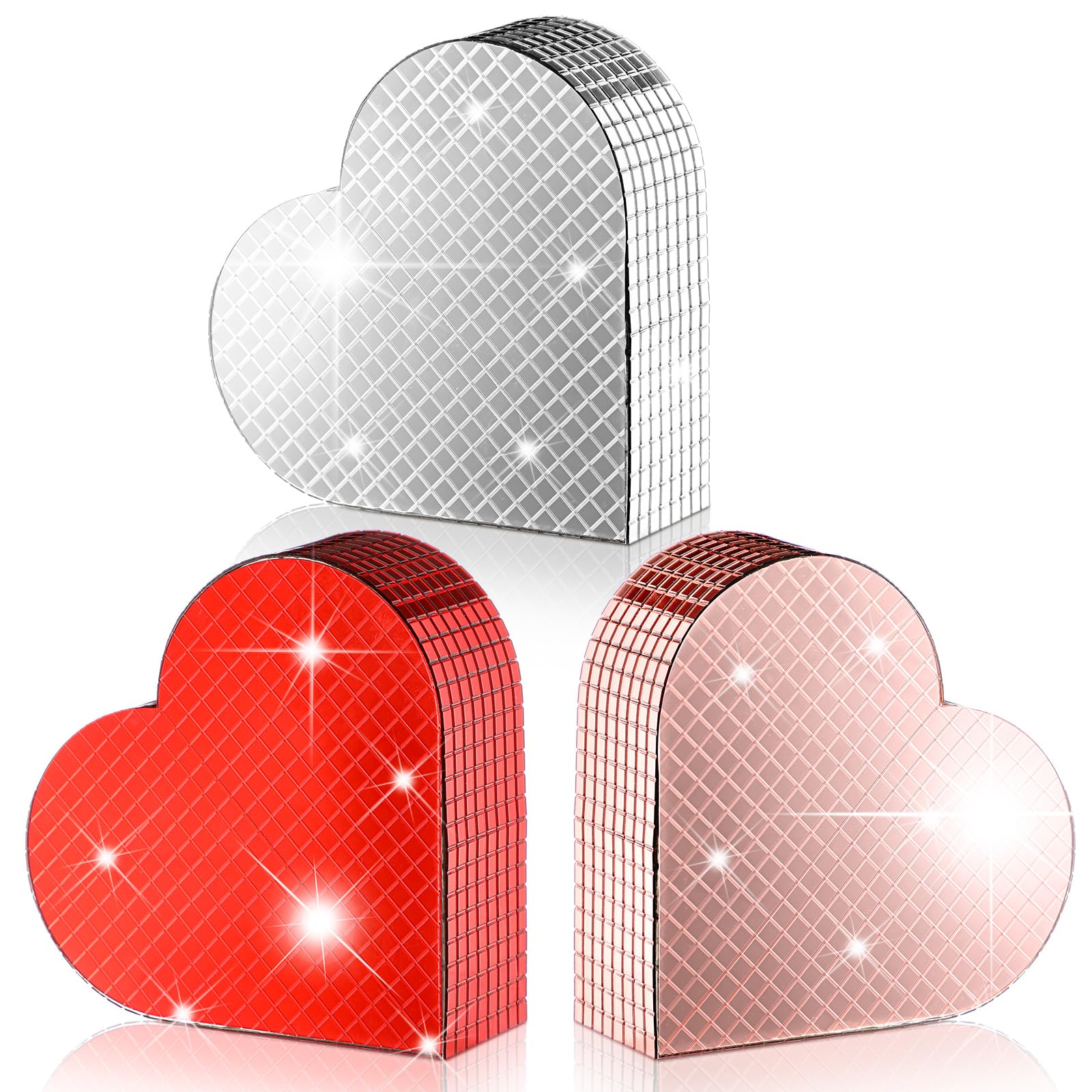 3 Pcs Disco Valentine's Day Decor 4.8 Inch Valentines Table Decorations Glitter Heart Shaped Decor Mosaic Table Centerpiece Heart 70s Disco Decoration for Valentine Anniversary Wedding