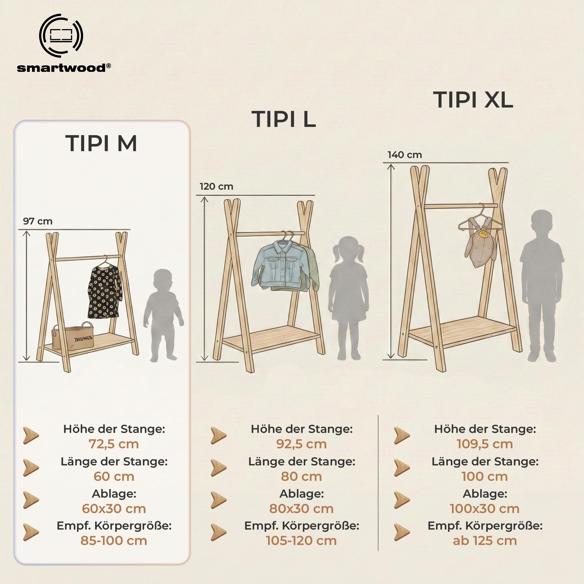 smartwood Kinder Kleiderständer TIPI M 97x63x36 cm - Montessori Garderobe aus FSC-Kiefernsperrholz mit Kleiderstange & Ablage - Garderobenständer mit Tragkraft bis 30 kg