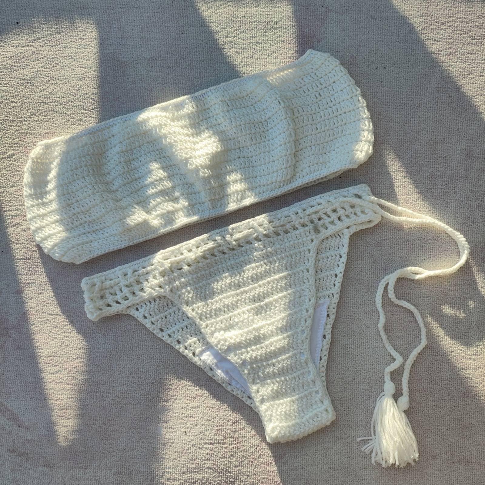 Conjunto de traje de baño de ganchillo hecho a mano para mujer, blanco, S
