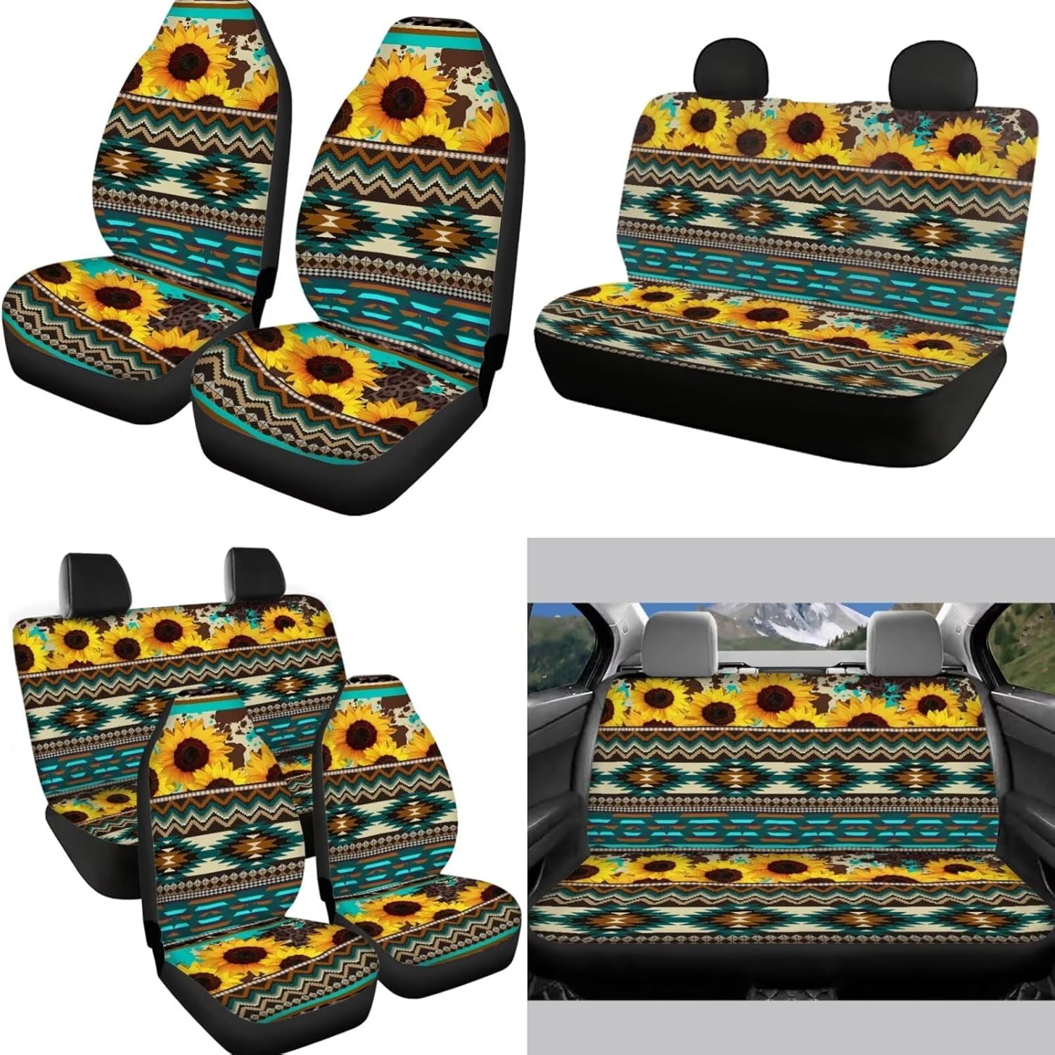 POLERO Sunflower Car Seat Coves with Tribal Aztec Print Car Accessories 12pcs Auto Steering Wheel Cover Armrest Cover Seatbelt Pads