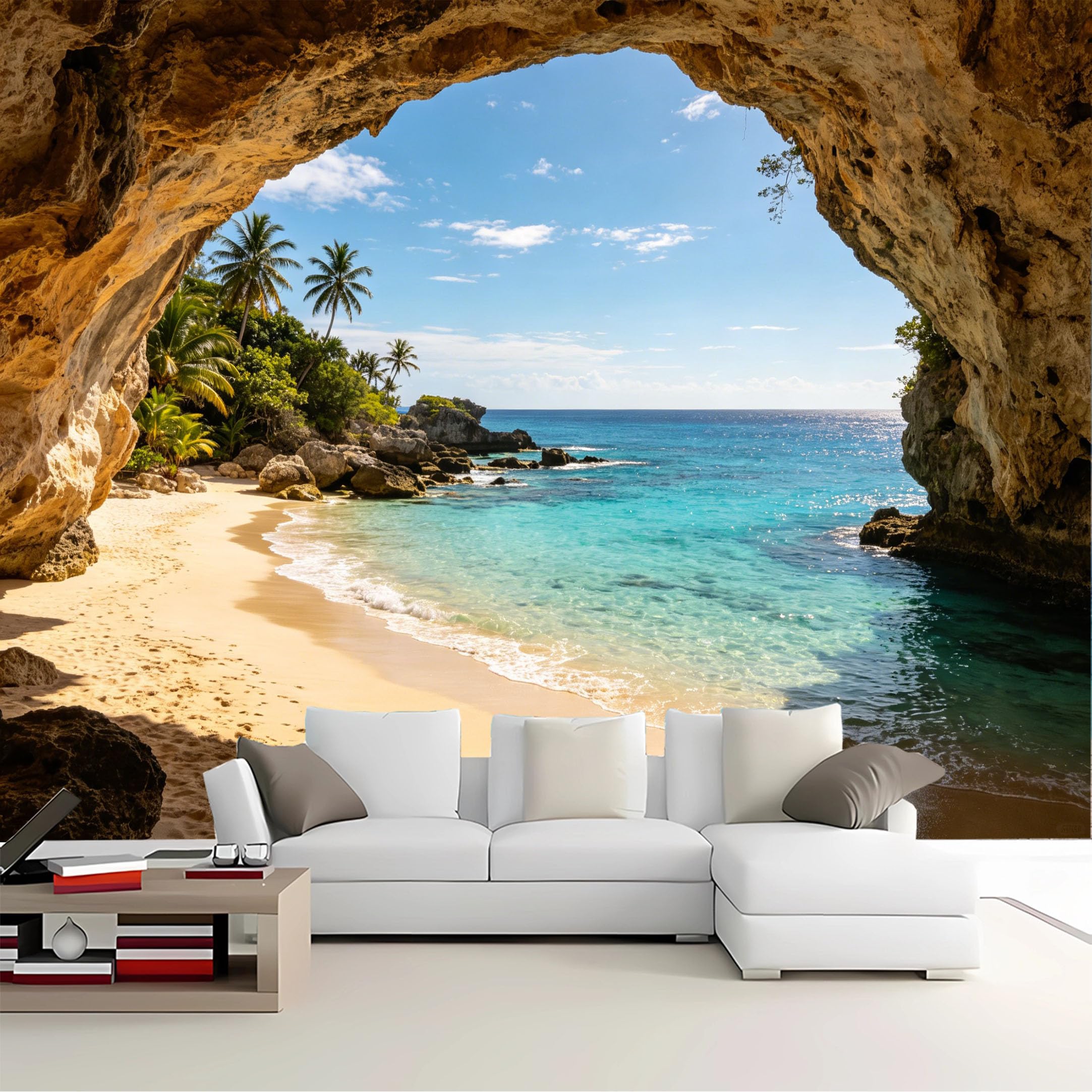 Custom Size Wall Mural Cave View Tropical Beach Removable Self Adhesive Peel and Stick Wallpaper for Bedroom Living Room Dining Room