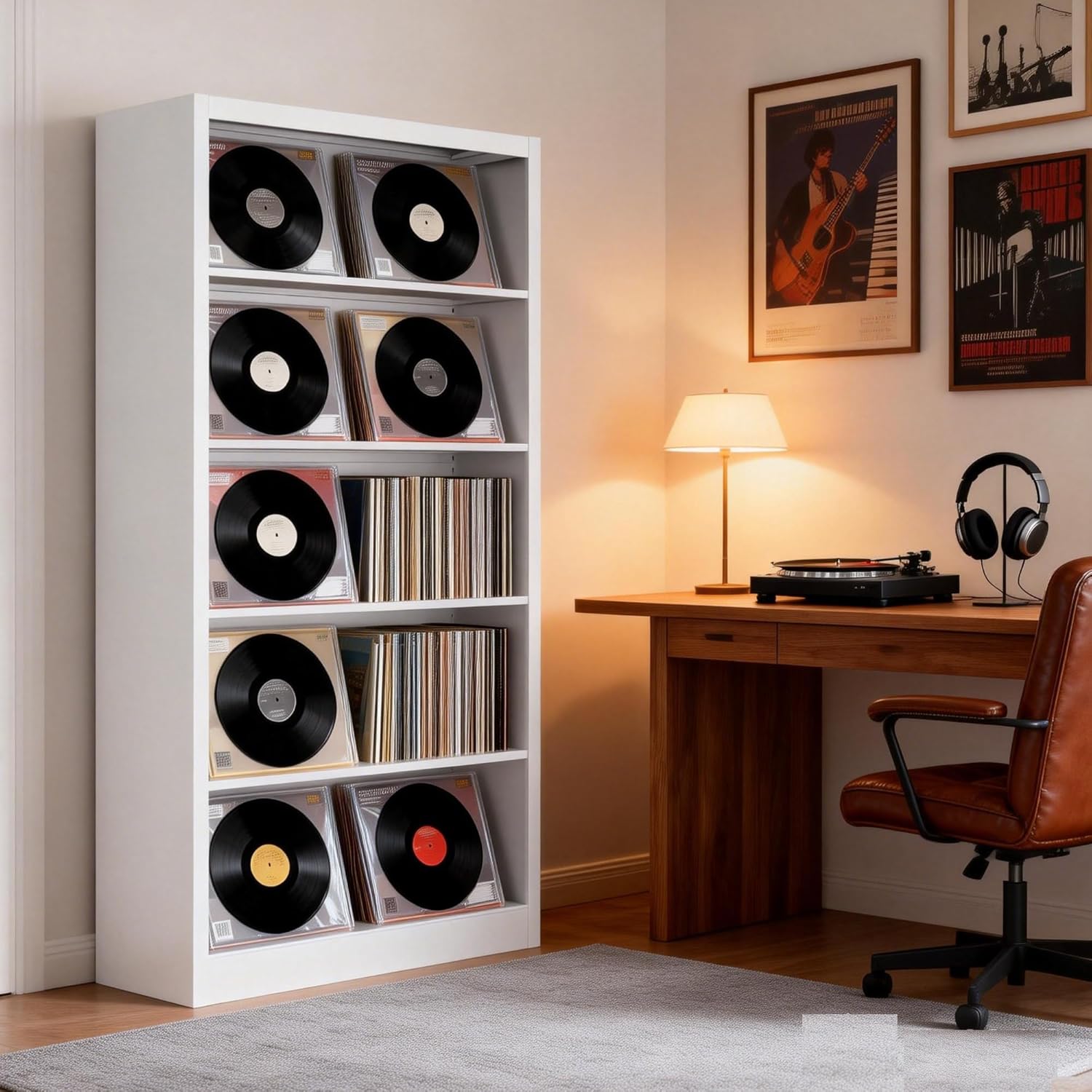 Vinyl Record Shelf Metal with Back Panel, 66" H×33.3" W×14" D, Adjustable 5-Tier Steel Rack – Heavy Duty Storage for Magazines, Books,Cd & Garage (White)