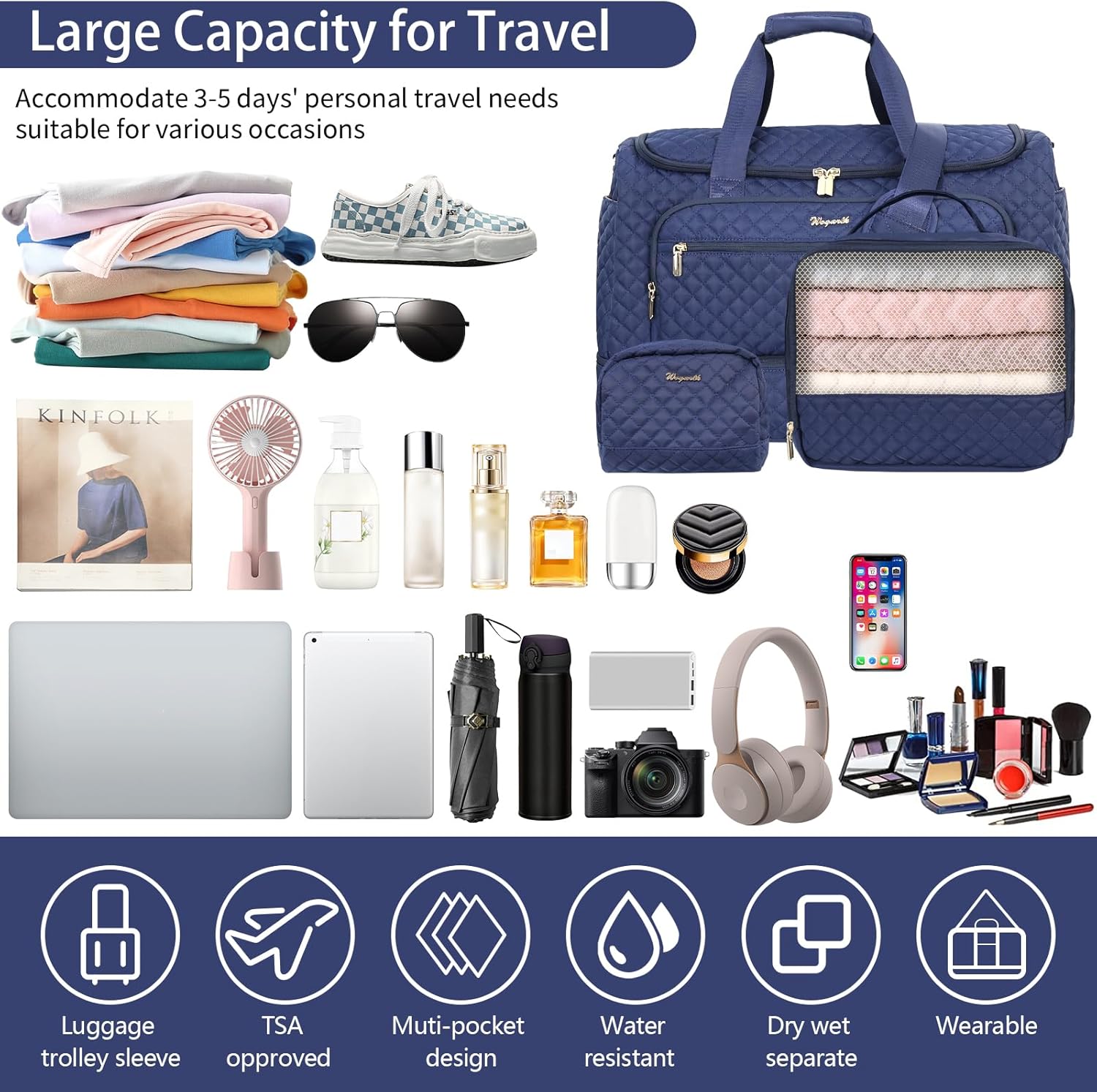 Wogarl 3PCS Weekender Bags for Women Large Overnight Bag Weekend Travel Duffel Bag Carry on Shoulder with Shoe Compartment Canvas Toiletry Bag for Travel Business Gym,Dark Blue
