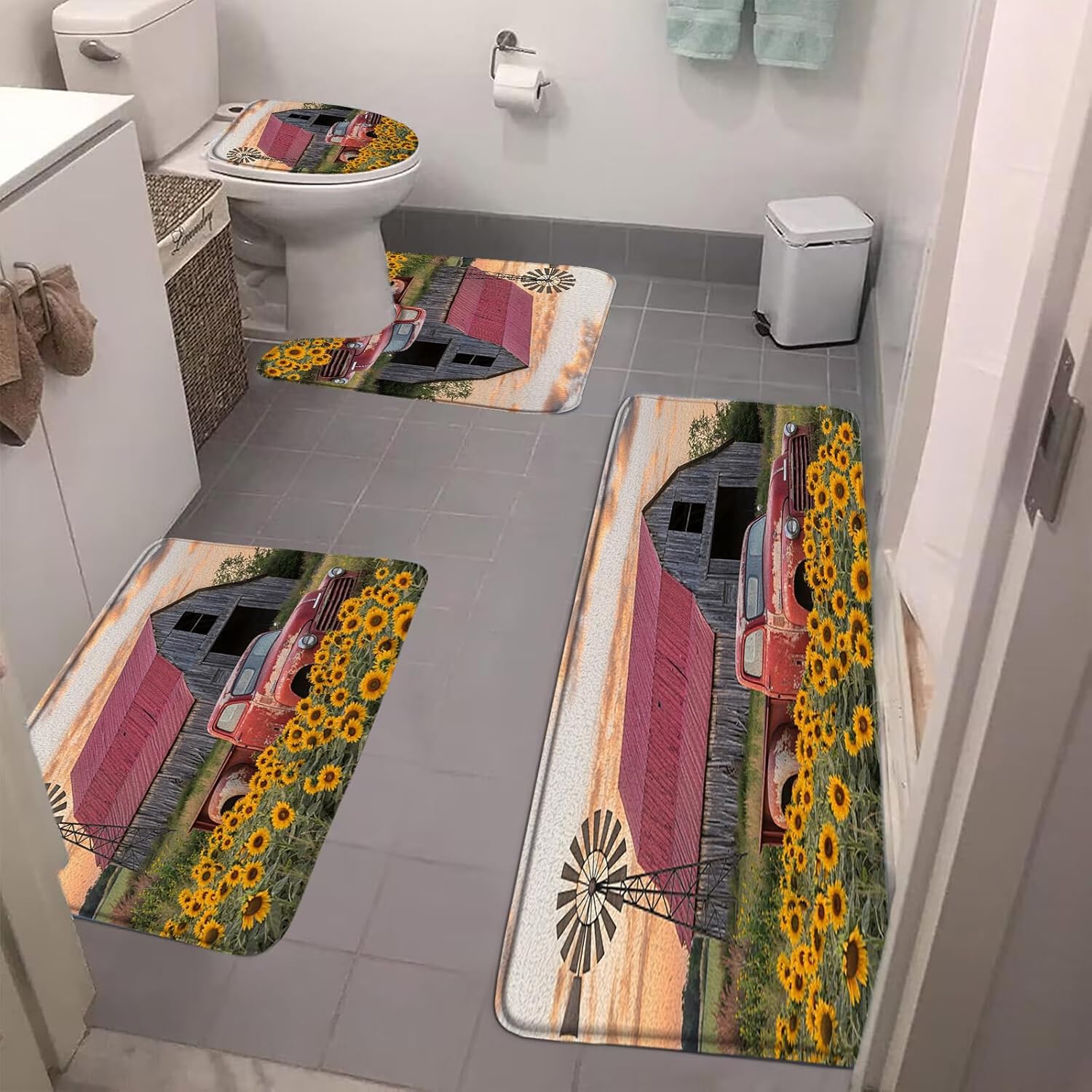 4 Pieces Bathroom Rug Sets,Rustic Farmhouse Red Truck Barn Sunflower Country Yellow 16"x24"and 16"x48"Bath Mats,Toilet Cover,U-Shaped Toilet Mat