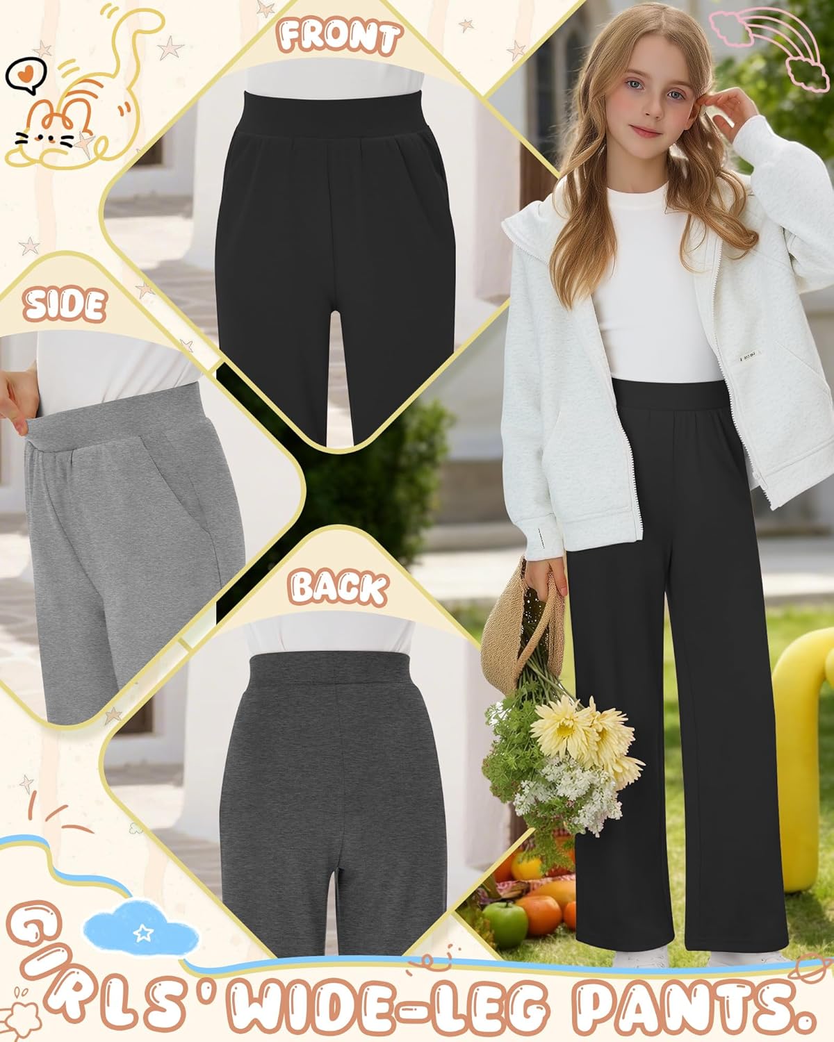 3 Pack Girls' Wide Leg Pants with Pockets 5-14 Y Teen Casual Lightweight Sweatpants Kids Baggy Summer Joggers