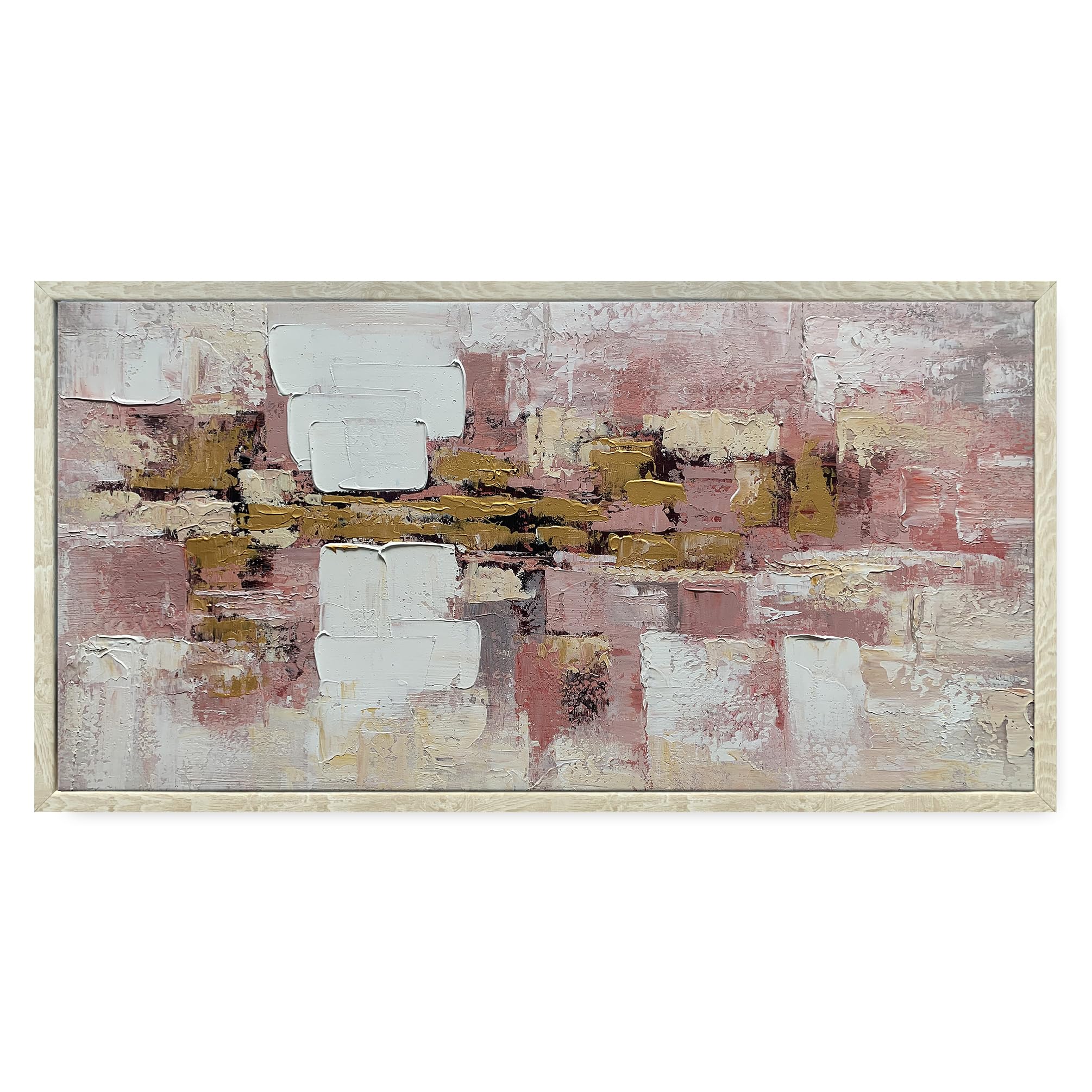 Framed Handmade Pink and Gold Abstract Wall Art for Bedroom Modern Textured Painting Canvas Artwork Living Room Decor
