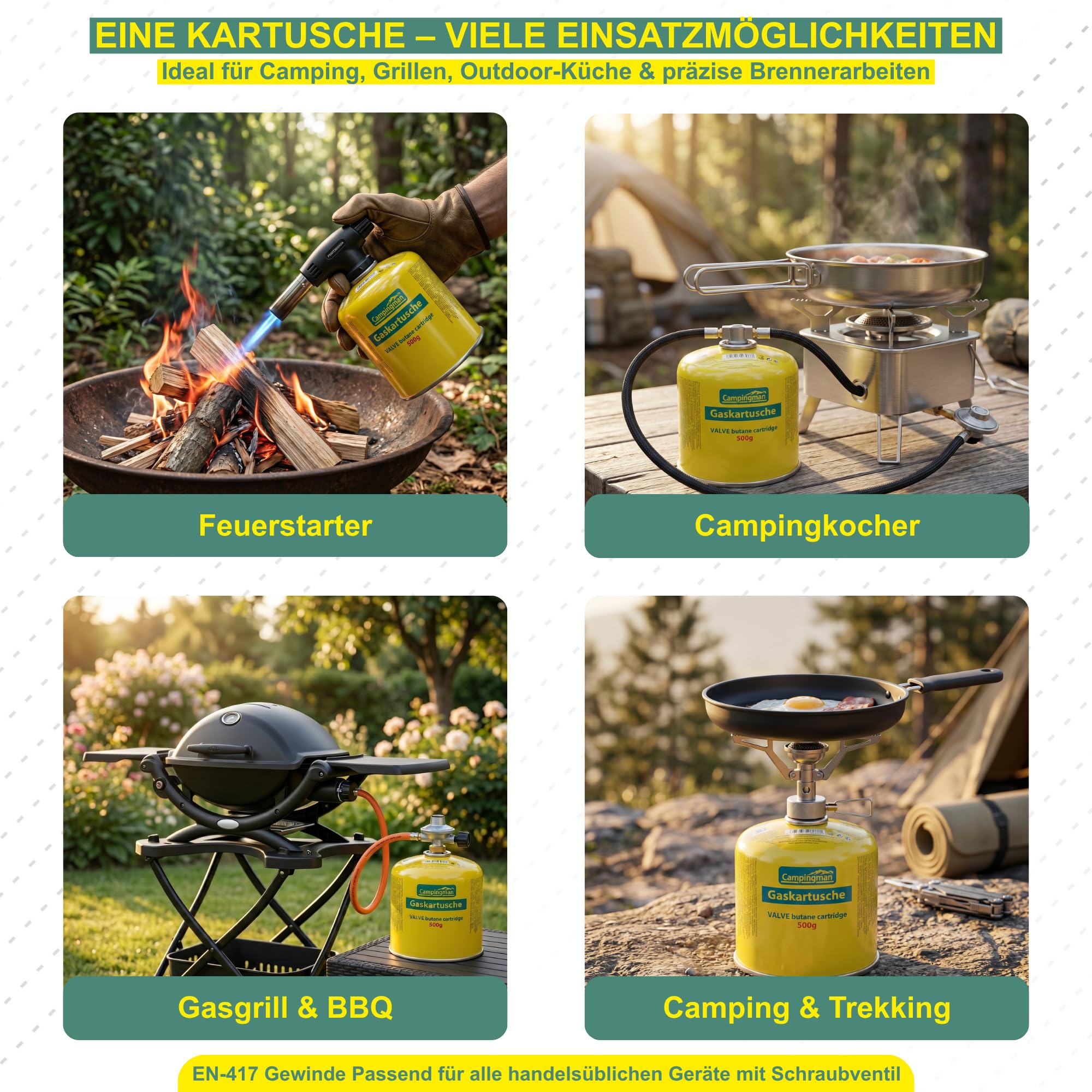 Campingman Gaskartusche 500g Schraubventil EN 417 Butangas Campingkocher Weber Grill Universal Schraubkartusche 6x500g