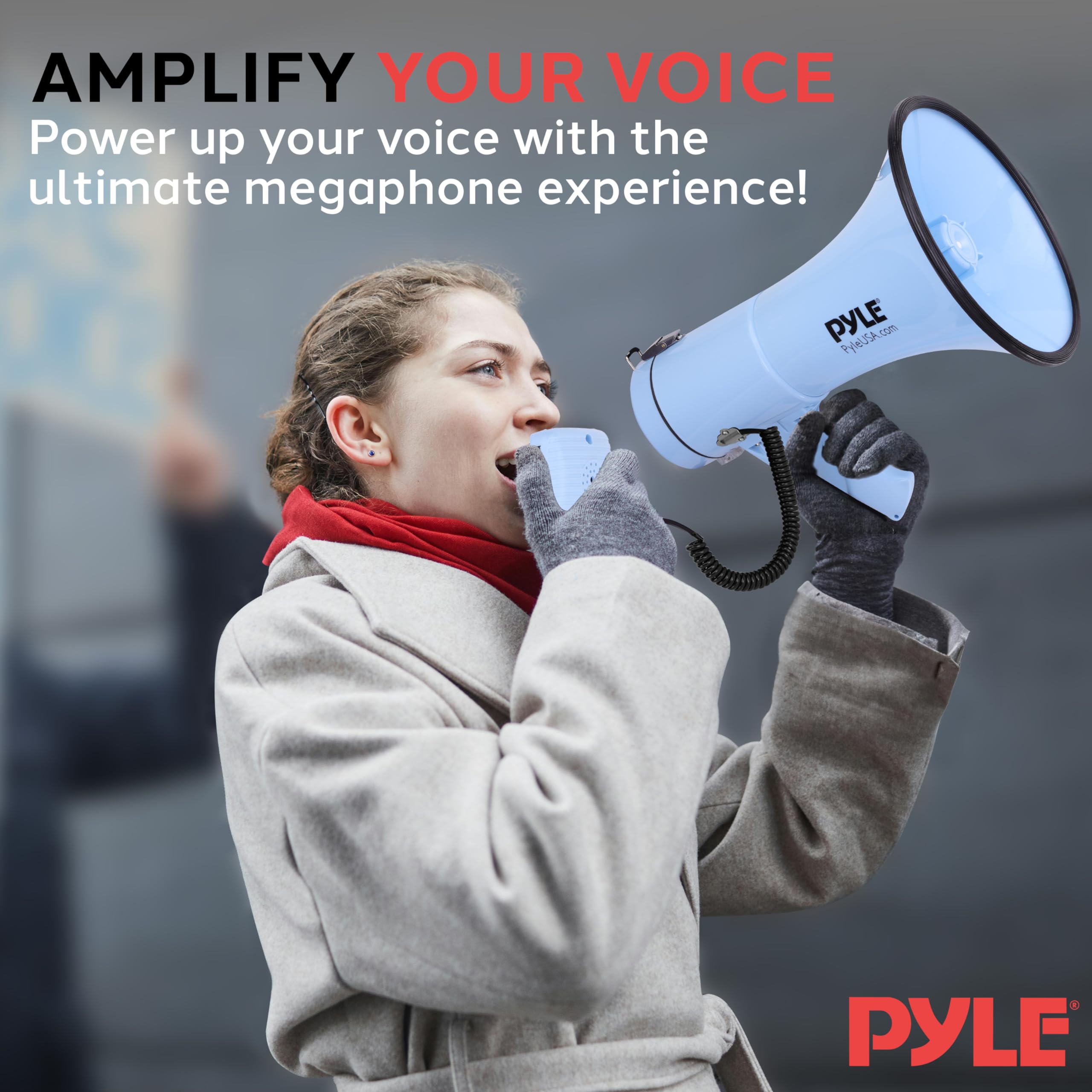 Pyle 50W Megaphone Bullhorn - Portable, Automatic Siren & Adjustable Volume,Projection Range Up to 1200 Square Yards, Aux Input, Talk, Siren, Music, Whistle, & Record, Shoulder Strap (Blue)