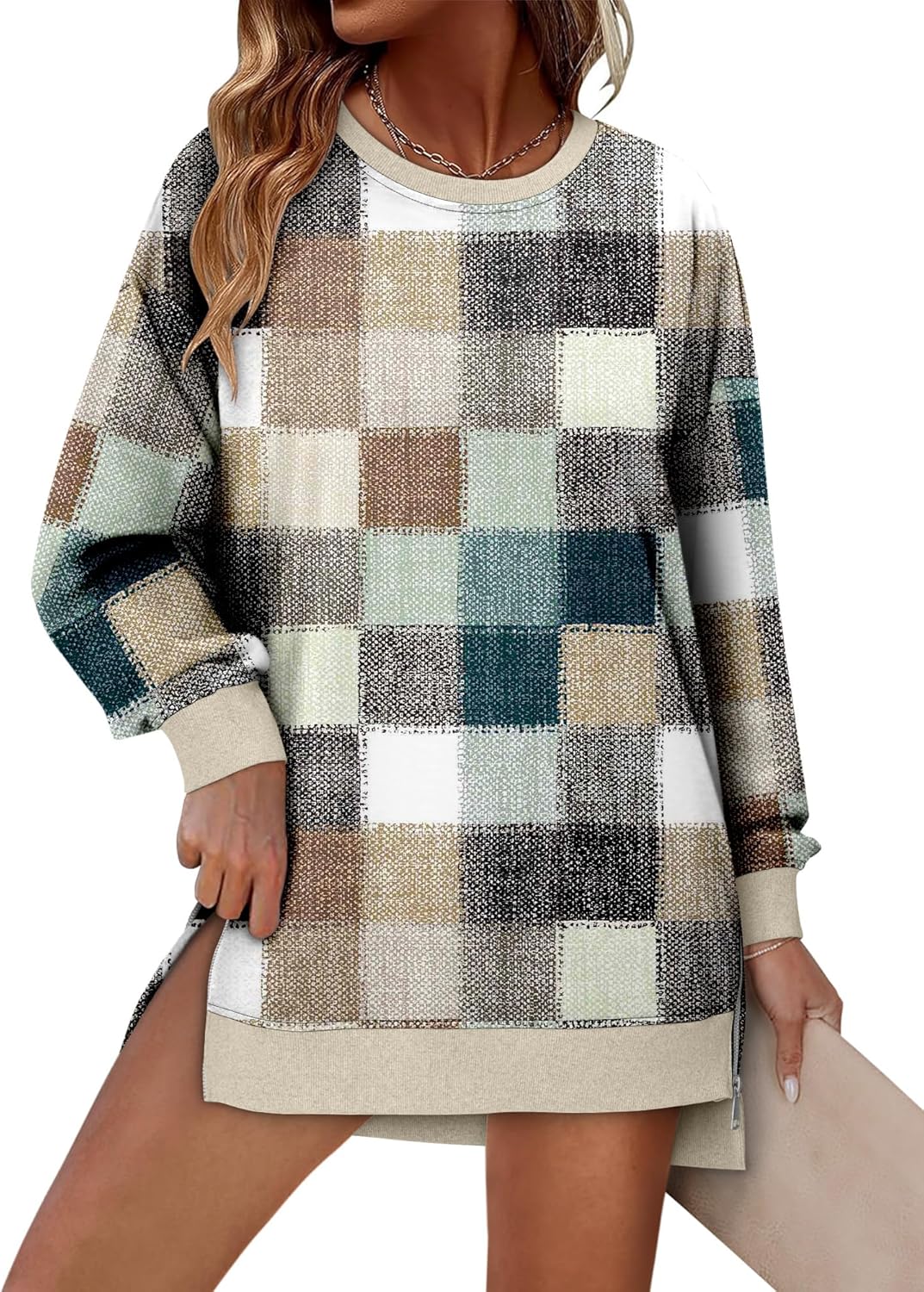 CHICZONE Crew Neck Oversized Sweatshirt Zipper Slit Long Sleeve Pullover for Women 2025 Trendy Fall Clothes