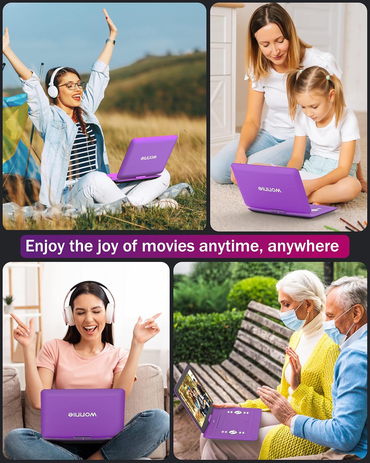 WONNIE 17.9" Portable DVD/CD Player with 15.4" Large Swivel HD Screen, 6 Hours 5000mAH Rechargeable Battery, Support USB/SD Card/Sync TV, Regions F r e e, Car Charger, Remote Control for Kids, Purple