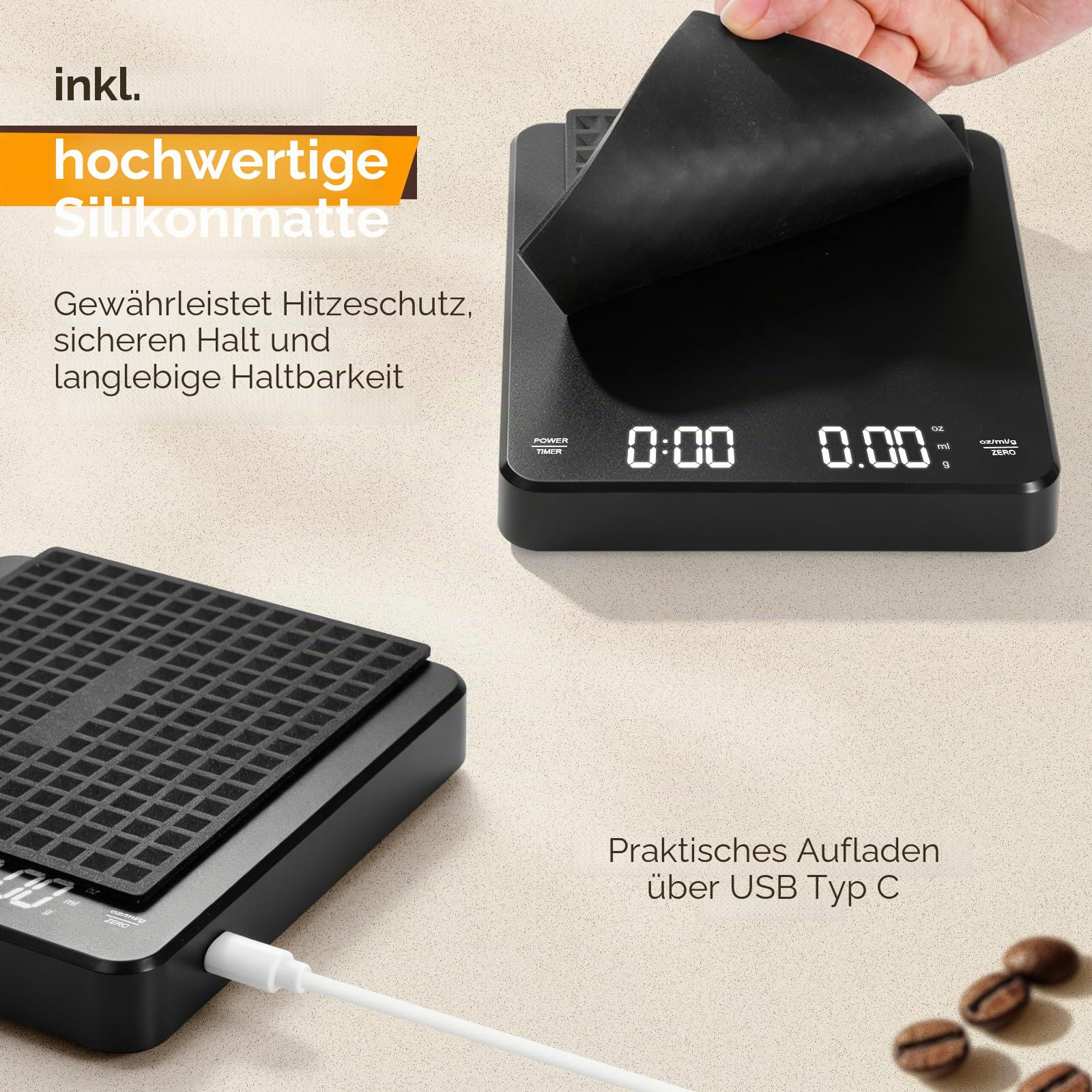 Kaffeewaage mit Timer, Digitale Espressowaage 0,1 g Präzision bis 3 kg, Coffee Scale mit Silikonmatte, USB-C Wiederaufladbar, Mini Barista Waage für Espresso, Pour Over und Küche