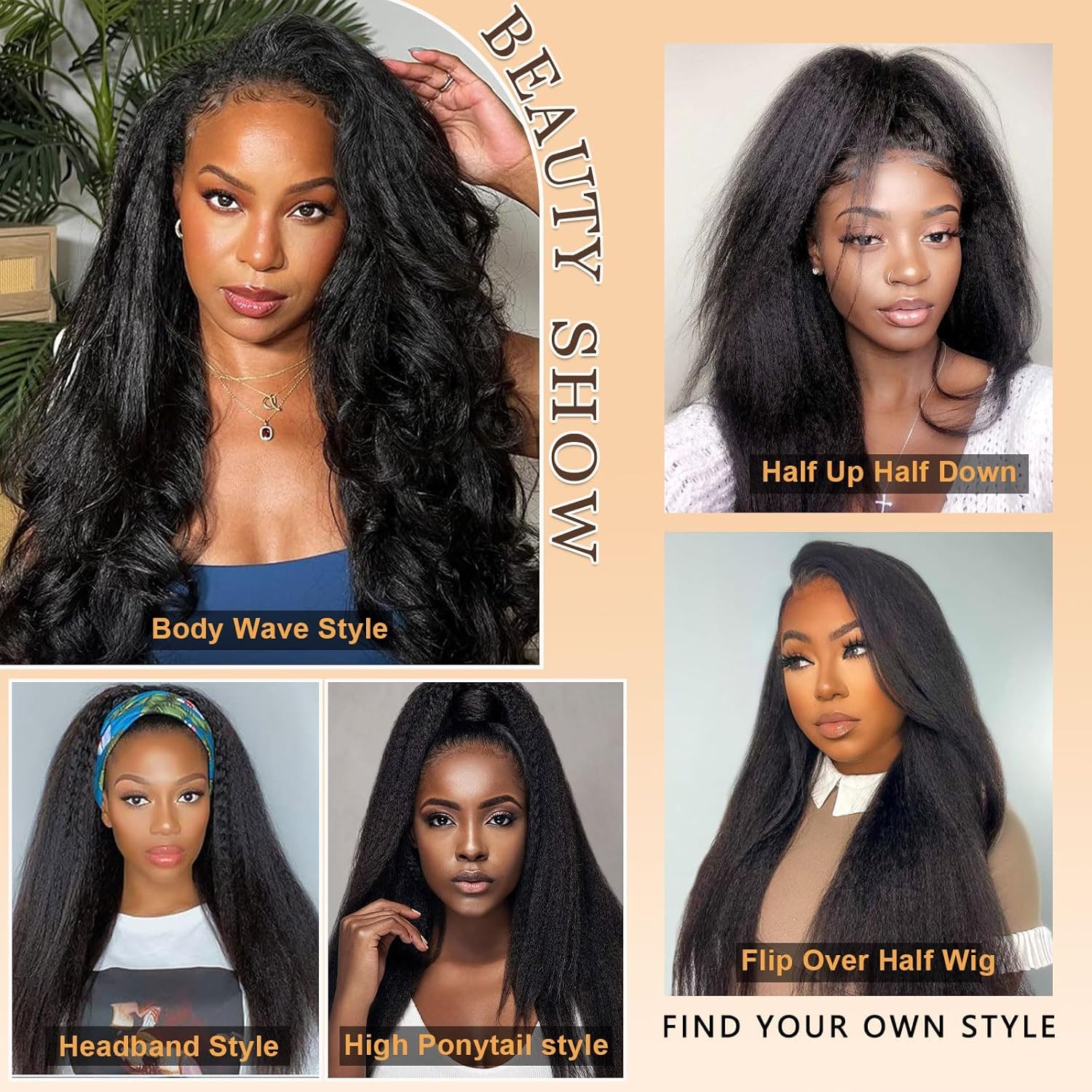 Kinky Straight Half Wig Human Hair 3 In 1 Seamless Flip Over Half Wigs for Black Women Ready to Go Headband Wig 180% Density Drawstring Kinky Curly Half Wig Glueless Natural Black 18 Inch