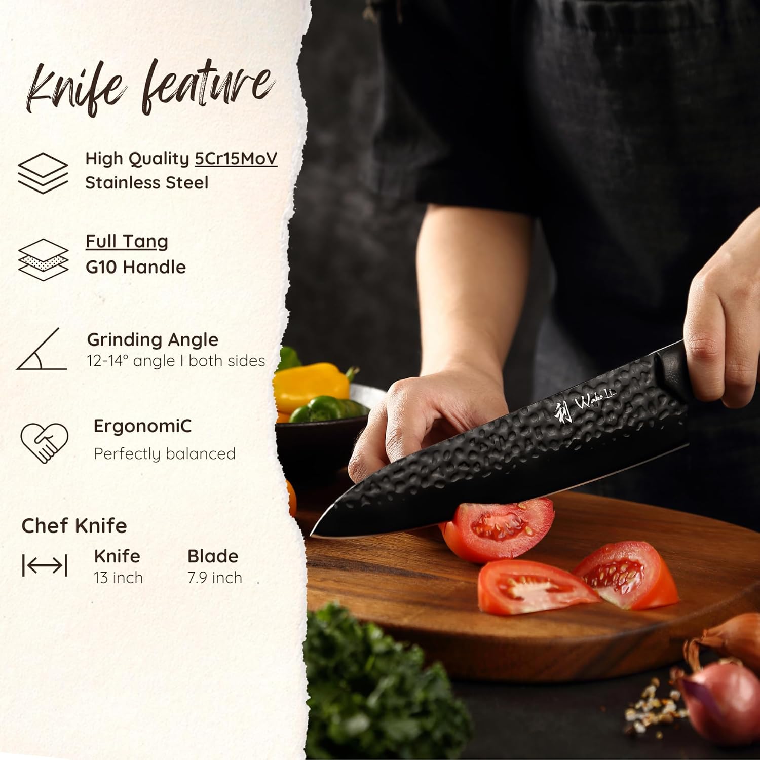 Wakoli Yugen Chef Knife – 7.9-Inch Professional Kitchen Knife | 5Cr15MoV Stainless Steel Blade with Black Titanium Coating | Ergonomic G10 Handle | Chef’s Knife in Gift Box
