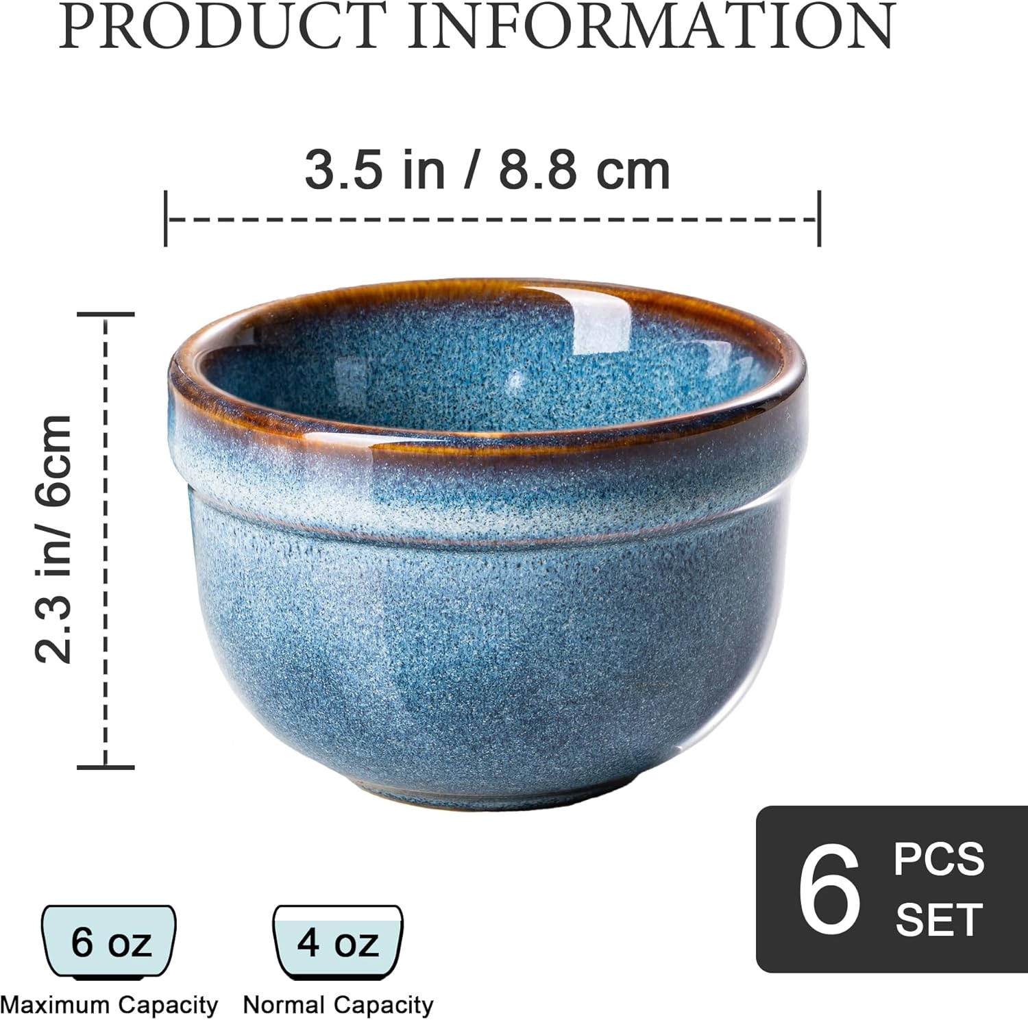 Henten Home 6 oz Ramekins Set Oven Safe, Ceramic Creme Brulee Ramekins Set of 6, Baking Cups for Pudding, Souffle, Ice Cream, Snack, Dipping (Blue)