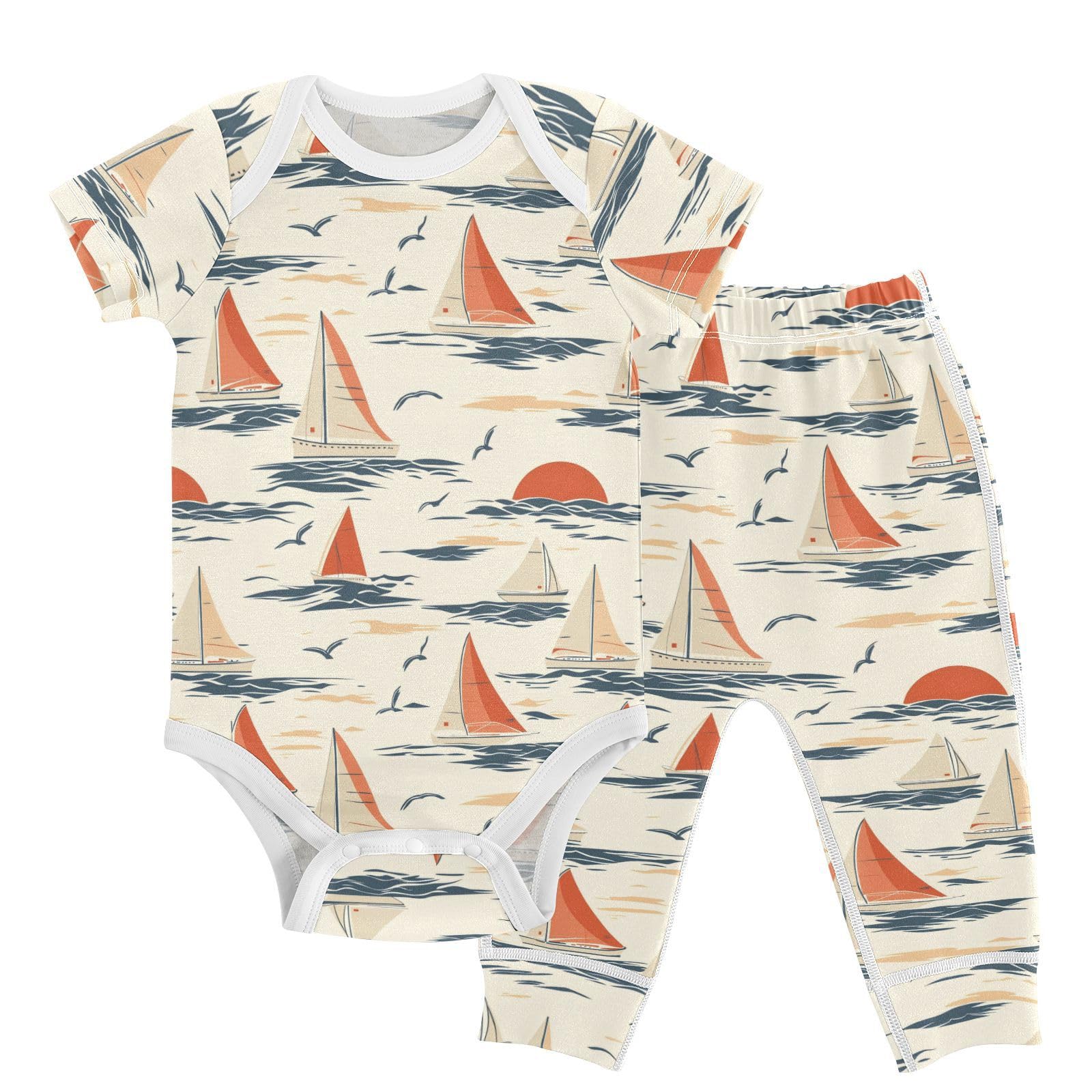 vvfelixl Baby Clothes Sailboat Sailing at Sunseton Baby Bodysuits Set Unisex Short Sleeve Babys Pants Sets 0-3M