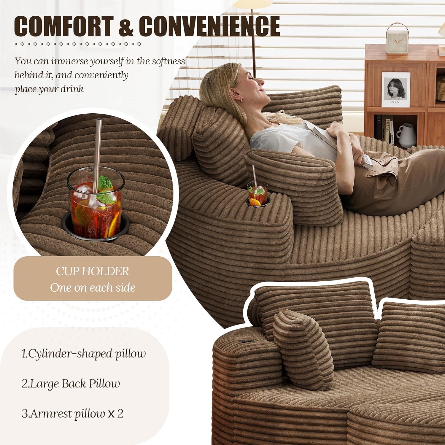 Round Chaise Lounge with Ottoman, Boneless Cloud Corduroy Curved Reading Lounge Sofa Chair with Cup Holders, Circle Memory Foam Chaise Chair and Ottoman Set for Study, Living Room, Sunroom, Brown
